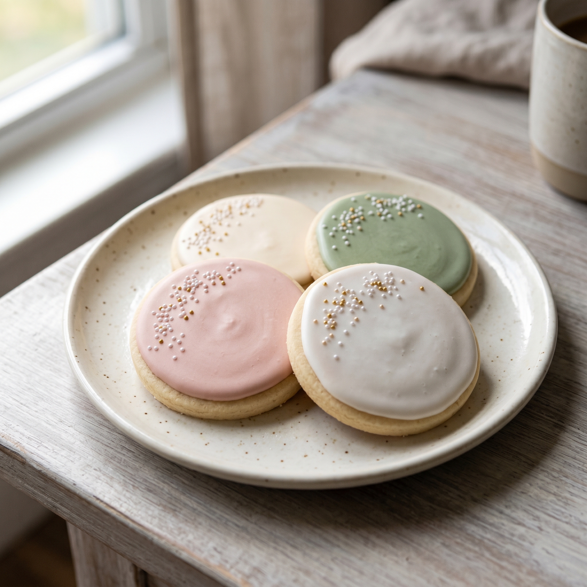 Soft frosted sugar cookies in pastel pink, sage green, and cream icing with pearl sprinkles