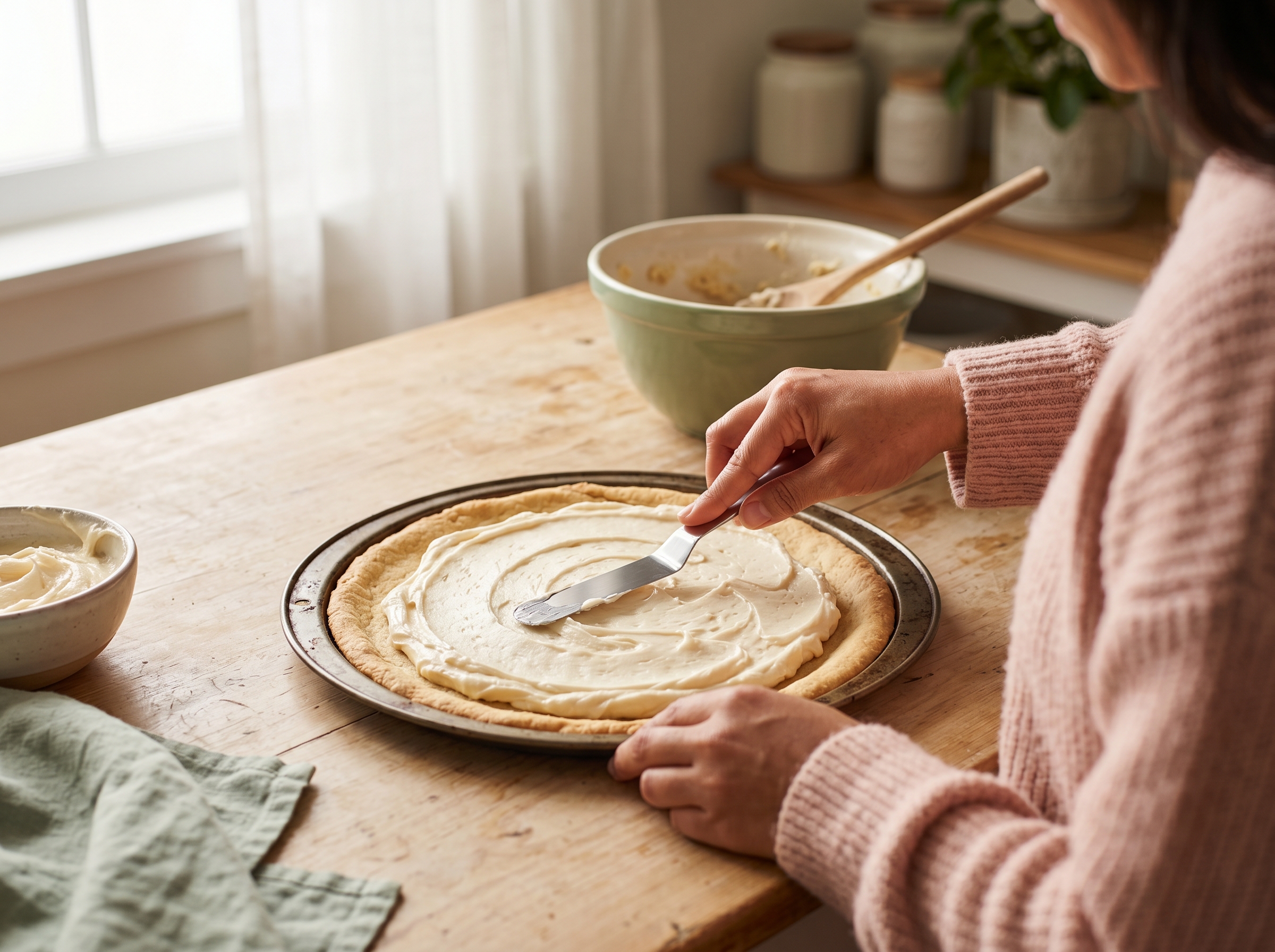 Hands spreading smooth cream cheese frosting over cooled sugar cookie crust with a spatula