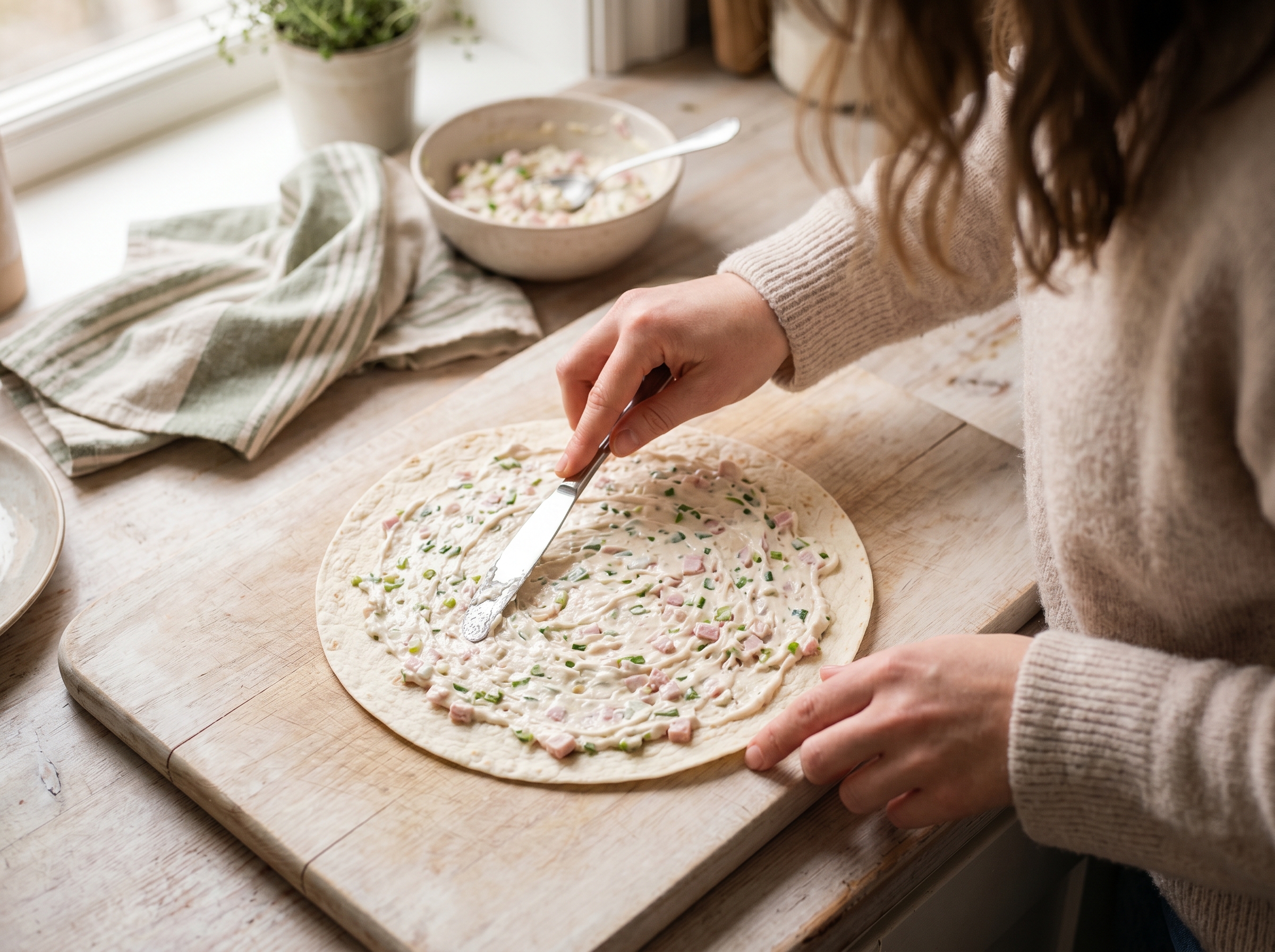 Hands spreading seasoned cream cheese filling onto a large flour tortilla with a butter knife