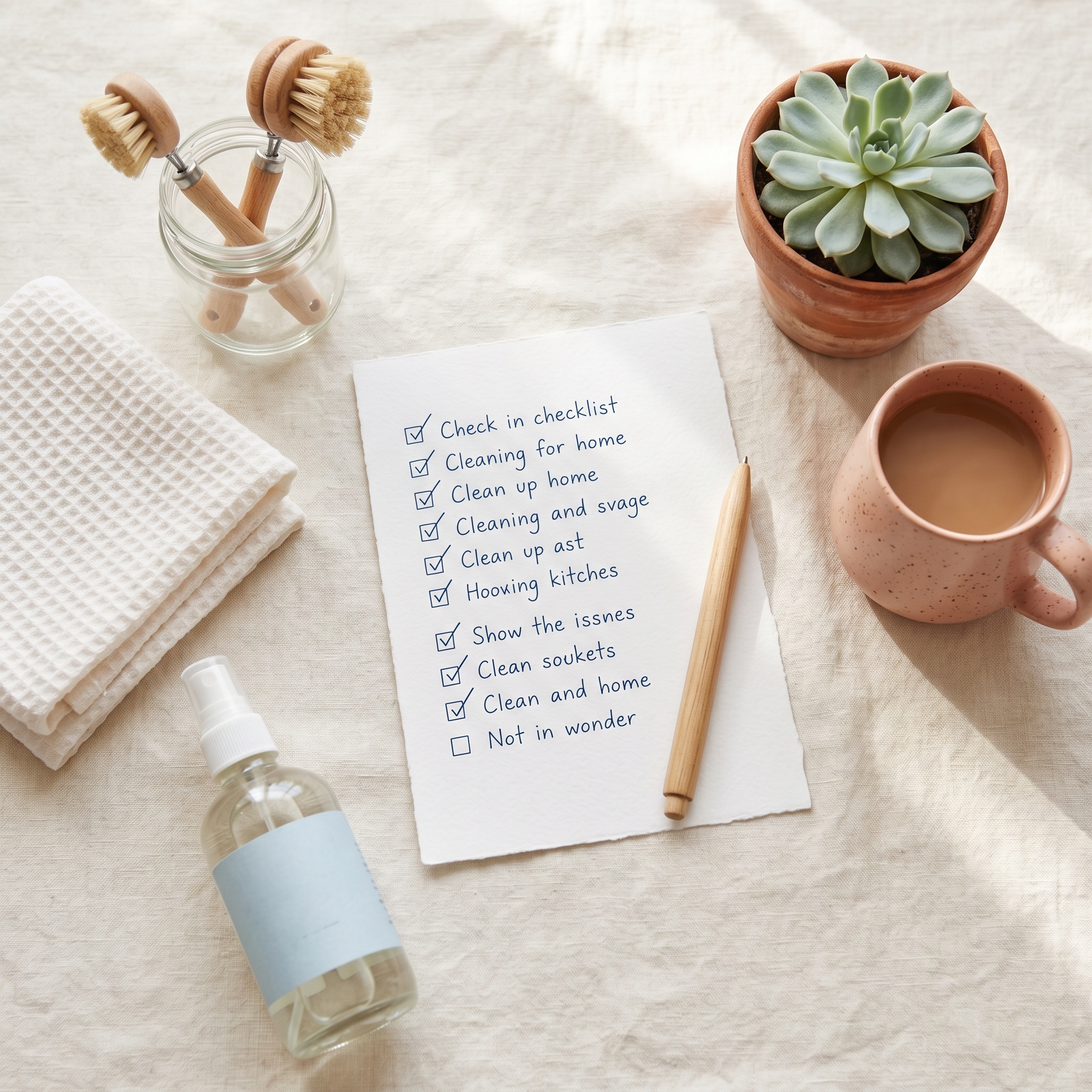 Handwritten spring cleaning checklist on paper with pen, cleaning supplies, and notepad arranged overhead