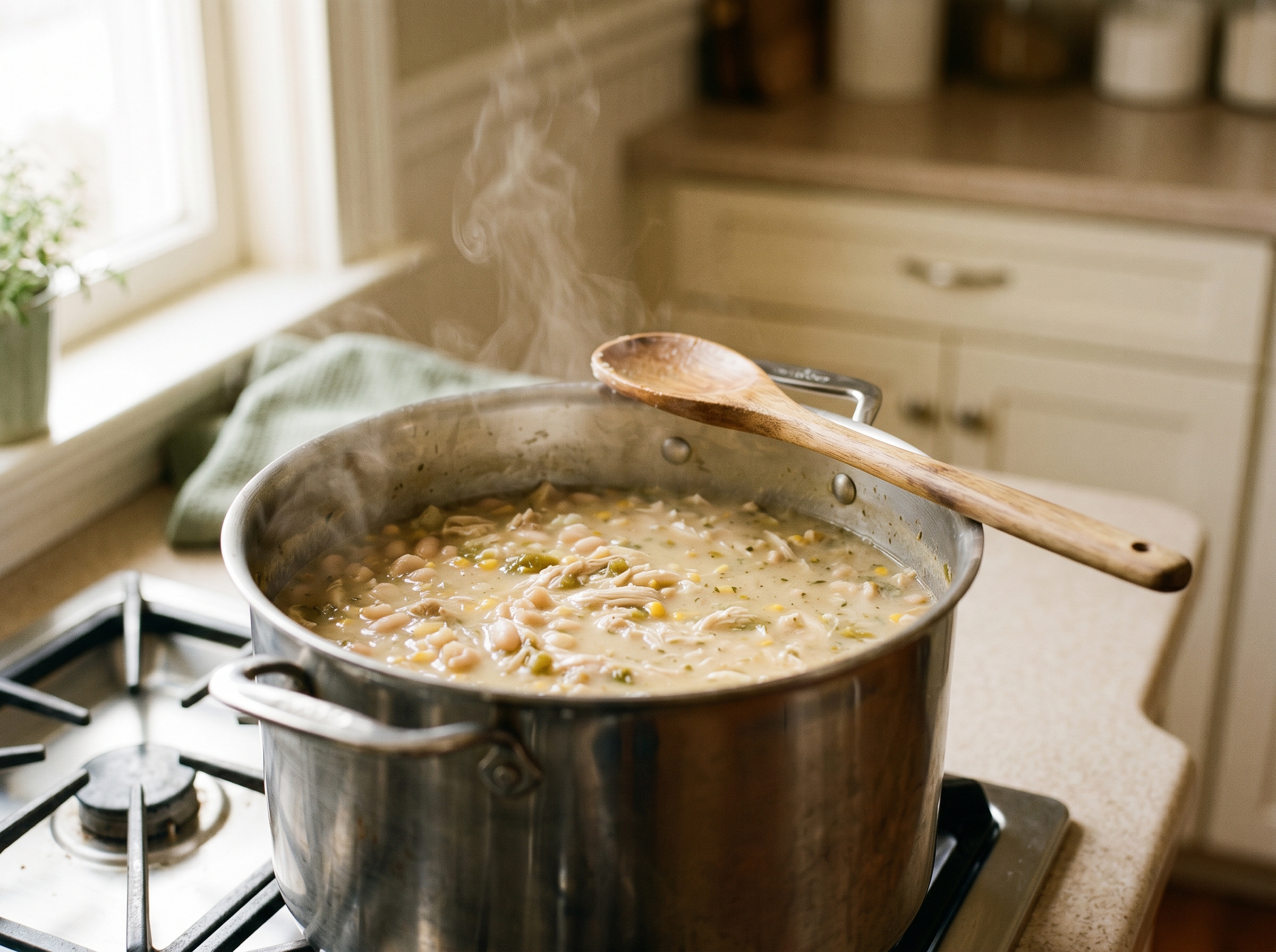 A stainless steel pot of simmering white chicken chili on a stovetop with steam rising, warm kitchen light