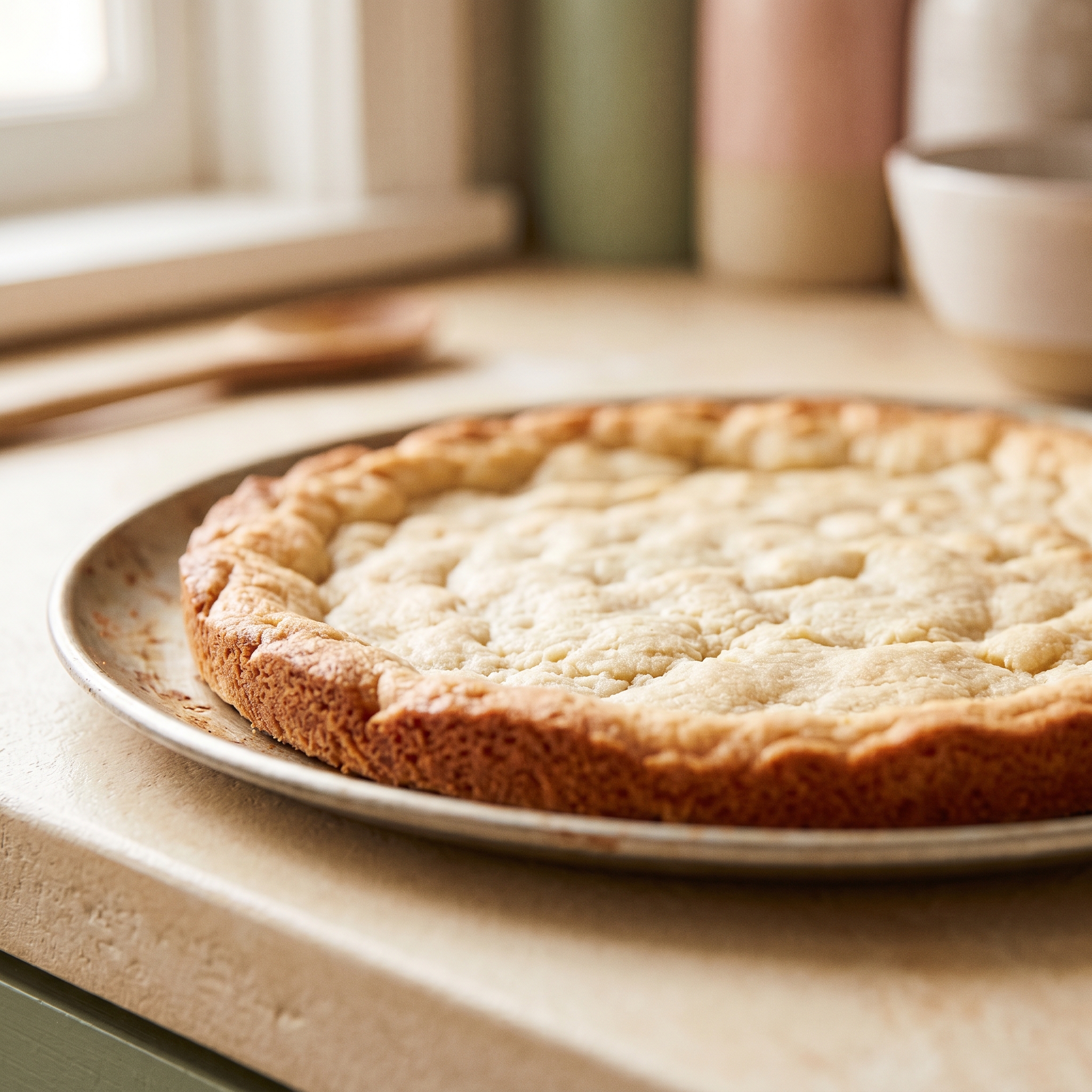 Golden-baked sugar cookie crust fresh from the oven in a round pizza pan