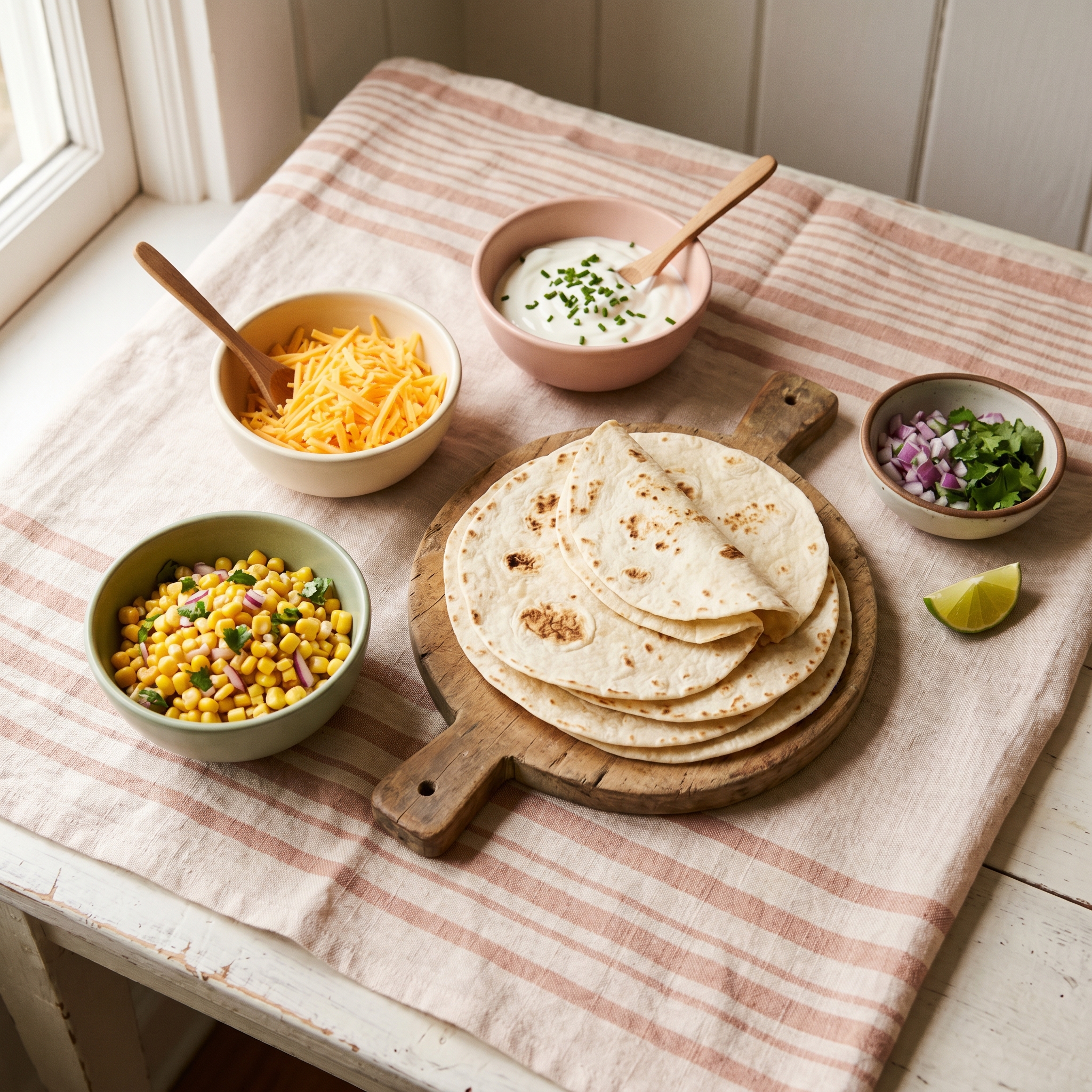 Overhead view of taco bar with small bowls of shredded cheese, sour cream, and corn on striped linen with warm tortillas