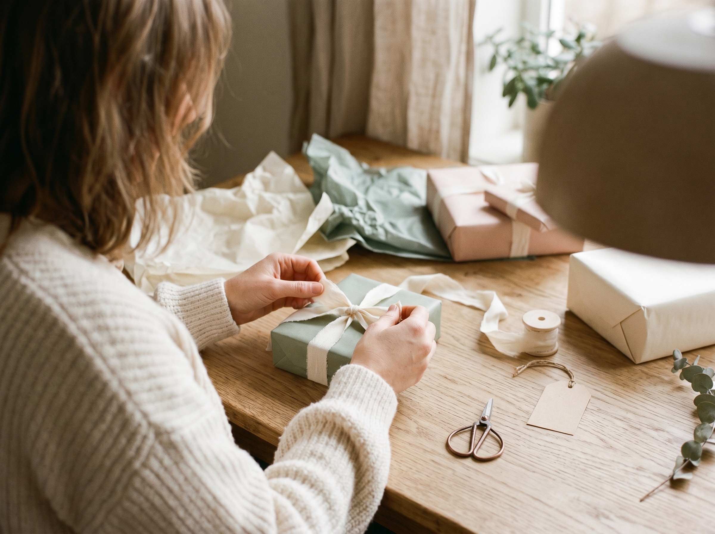 Hands wrapping a gift with cream ribbon on white wood table surrounded by gift supplies and tissue paper