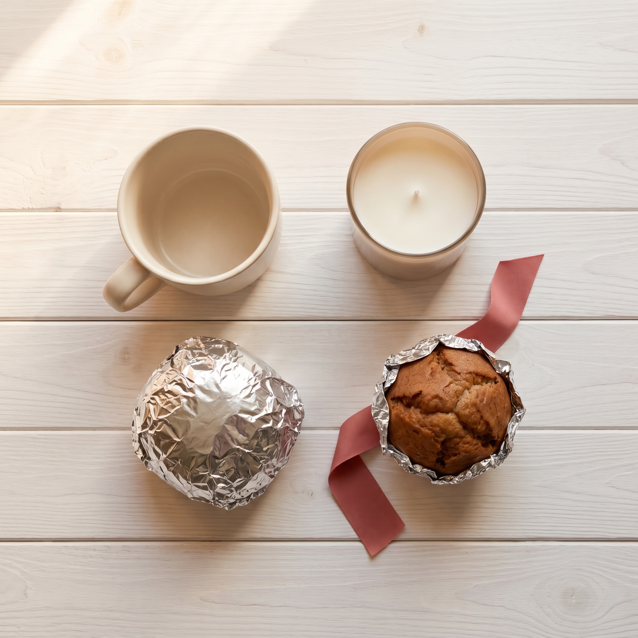 Flat lay of generic gifts to avoid: plain mug, unlabeled candle, wrapped baked good