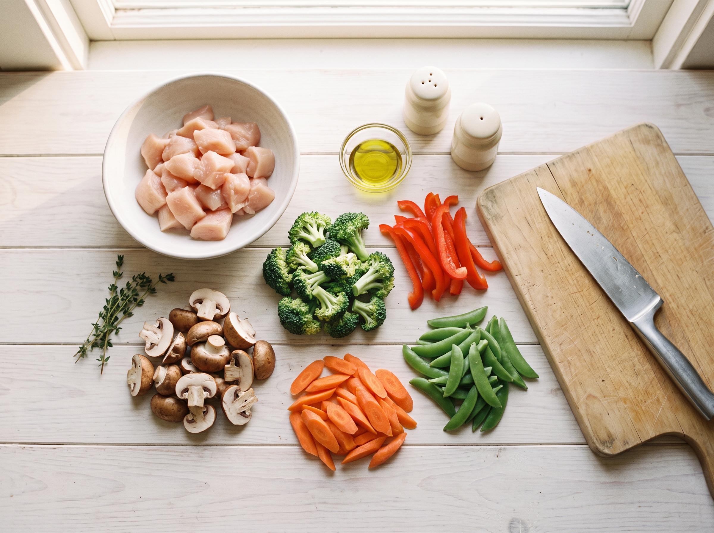 Teriyaki chicken and vegetables ingredients arranged on white surface with cutting board and knife