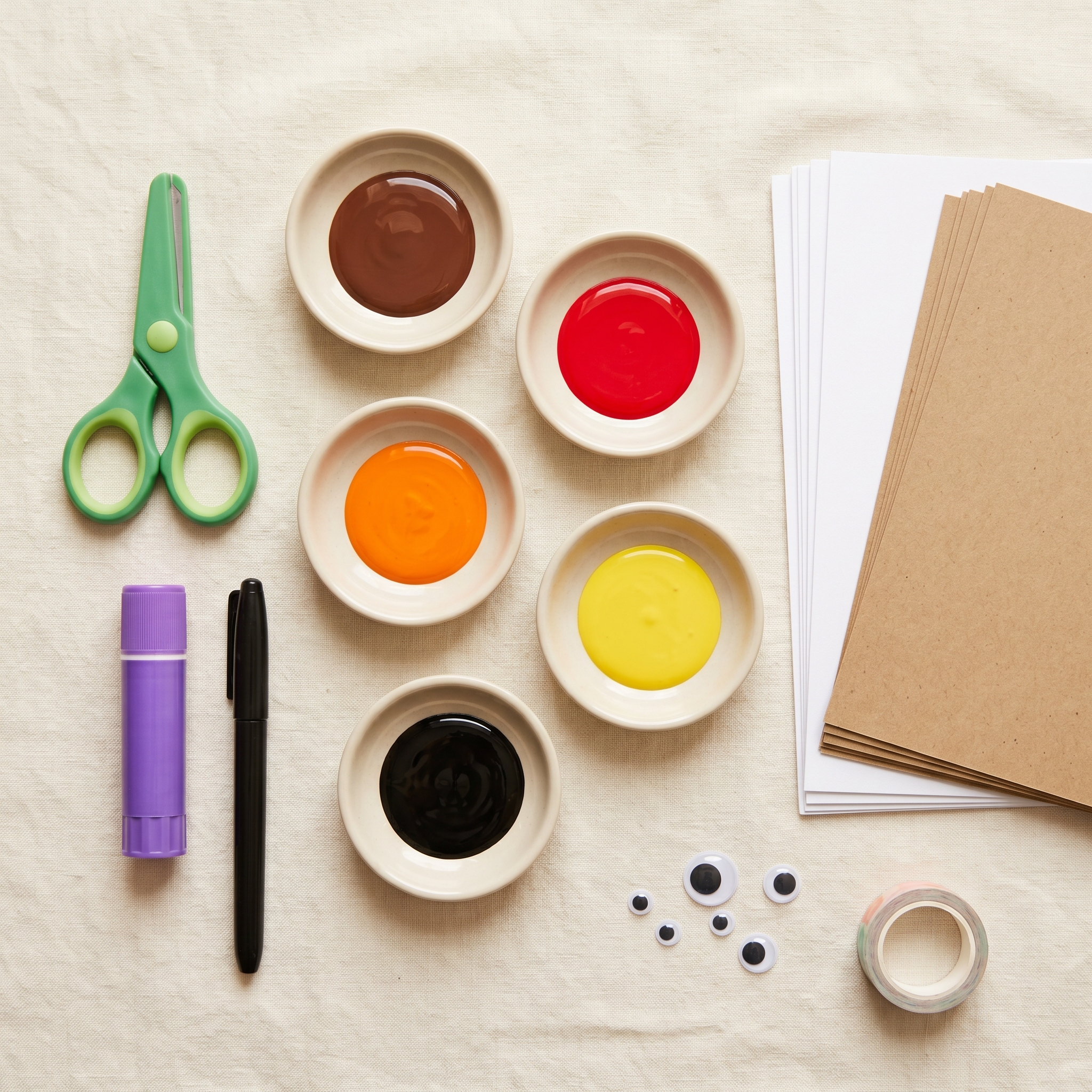 Craft supplies arranged on a table: paint dishes in fall colors, scissors, glue stick, cardstock, and markers
