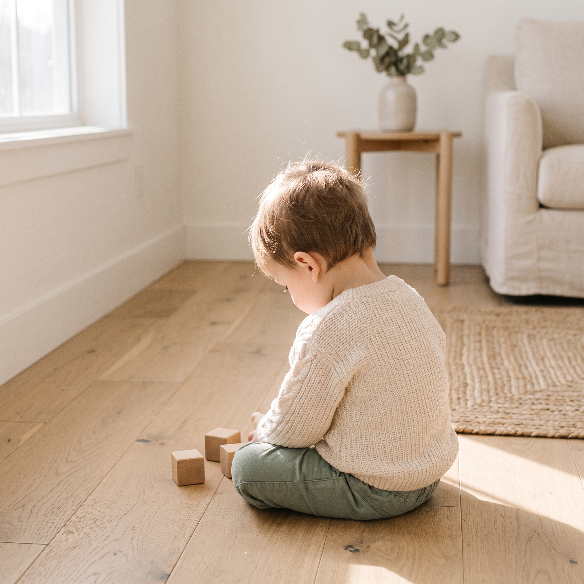 Toddler sitting alone on light wood floor in soft morning sunlight from window