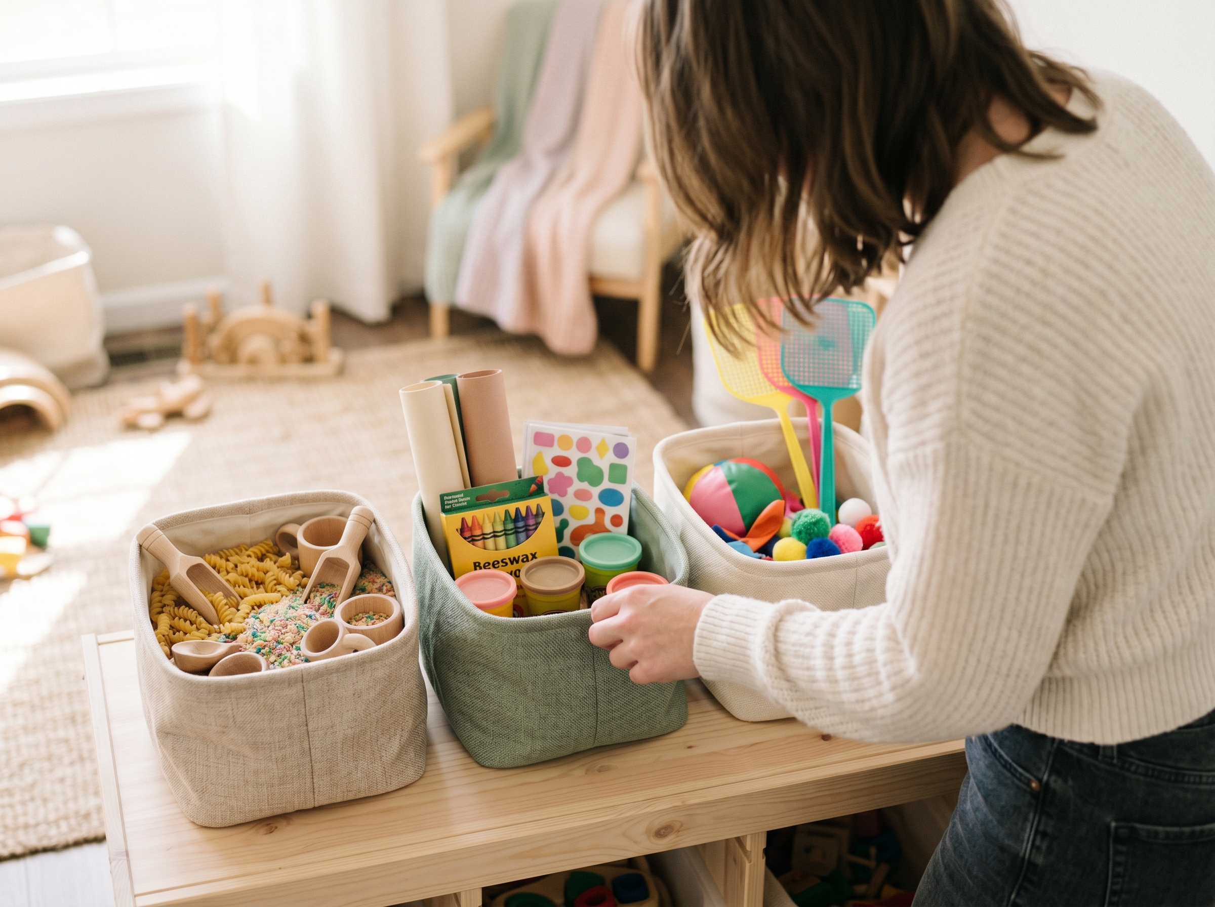 Three fabric baskets filled with sorted craft supplies and toys on a low shelf, ready for rotation throughout the day