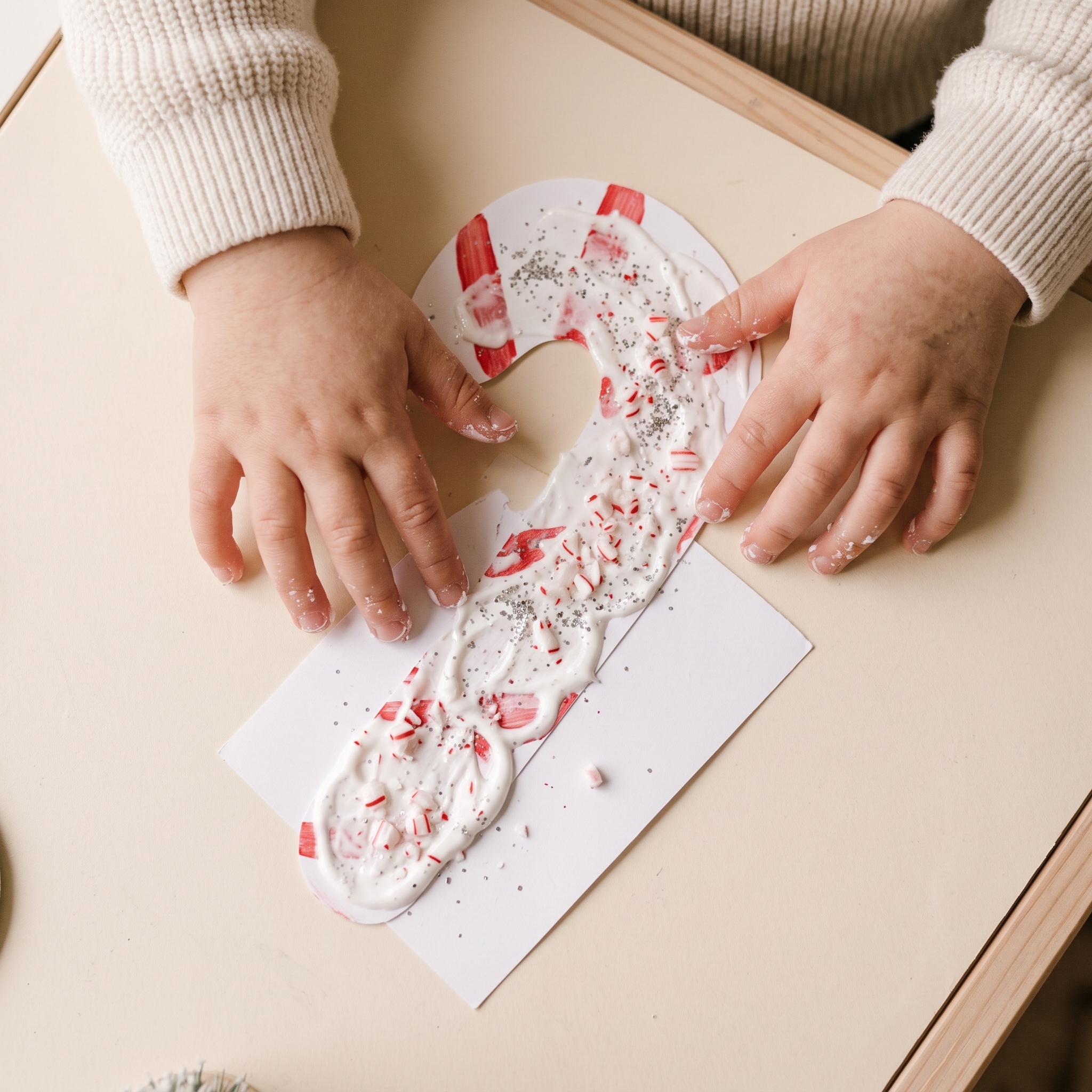 Small child's hands pressing into white sensory paint with crushed candy cane texture on a cardstock candy cane shape