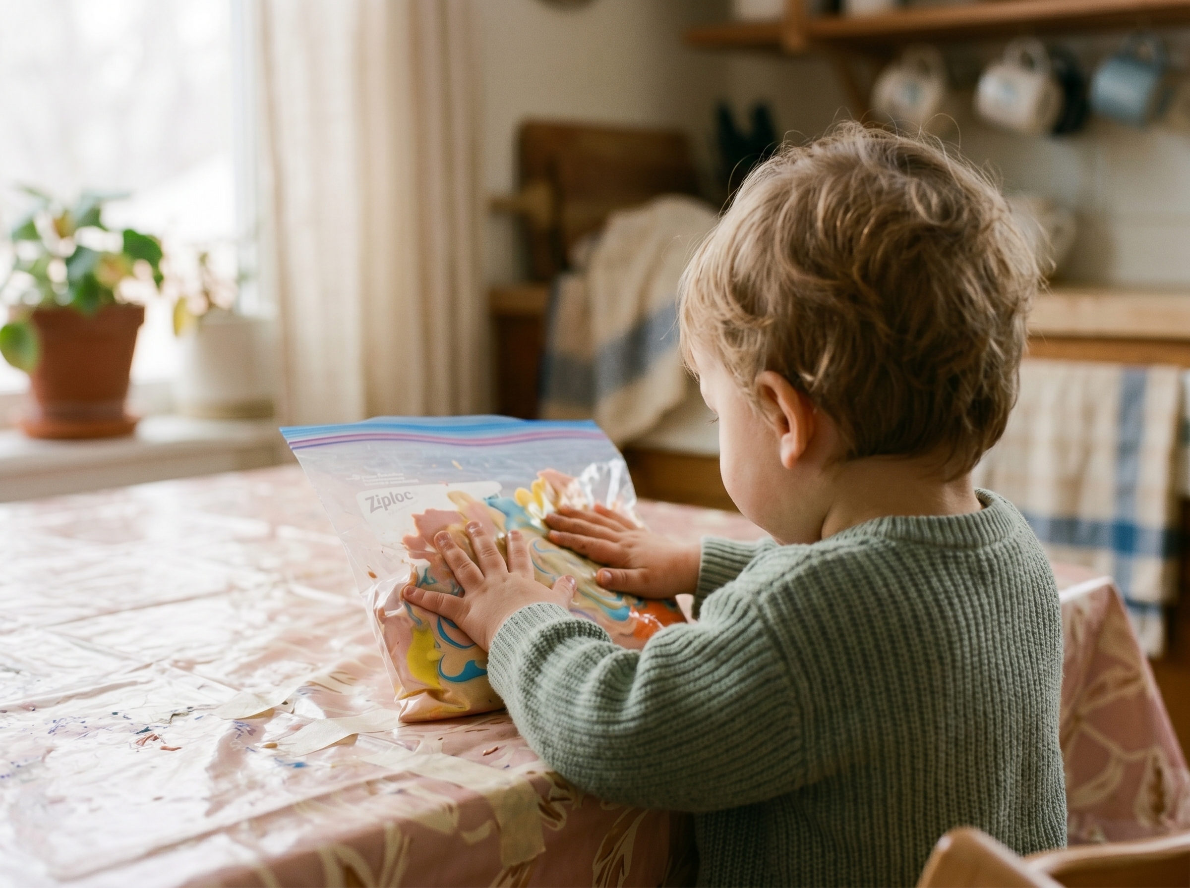 Small child's hands pressing and swirling paint inside a sealed ziplock bag from outside, no paint on skin
