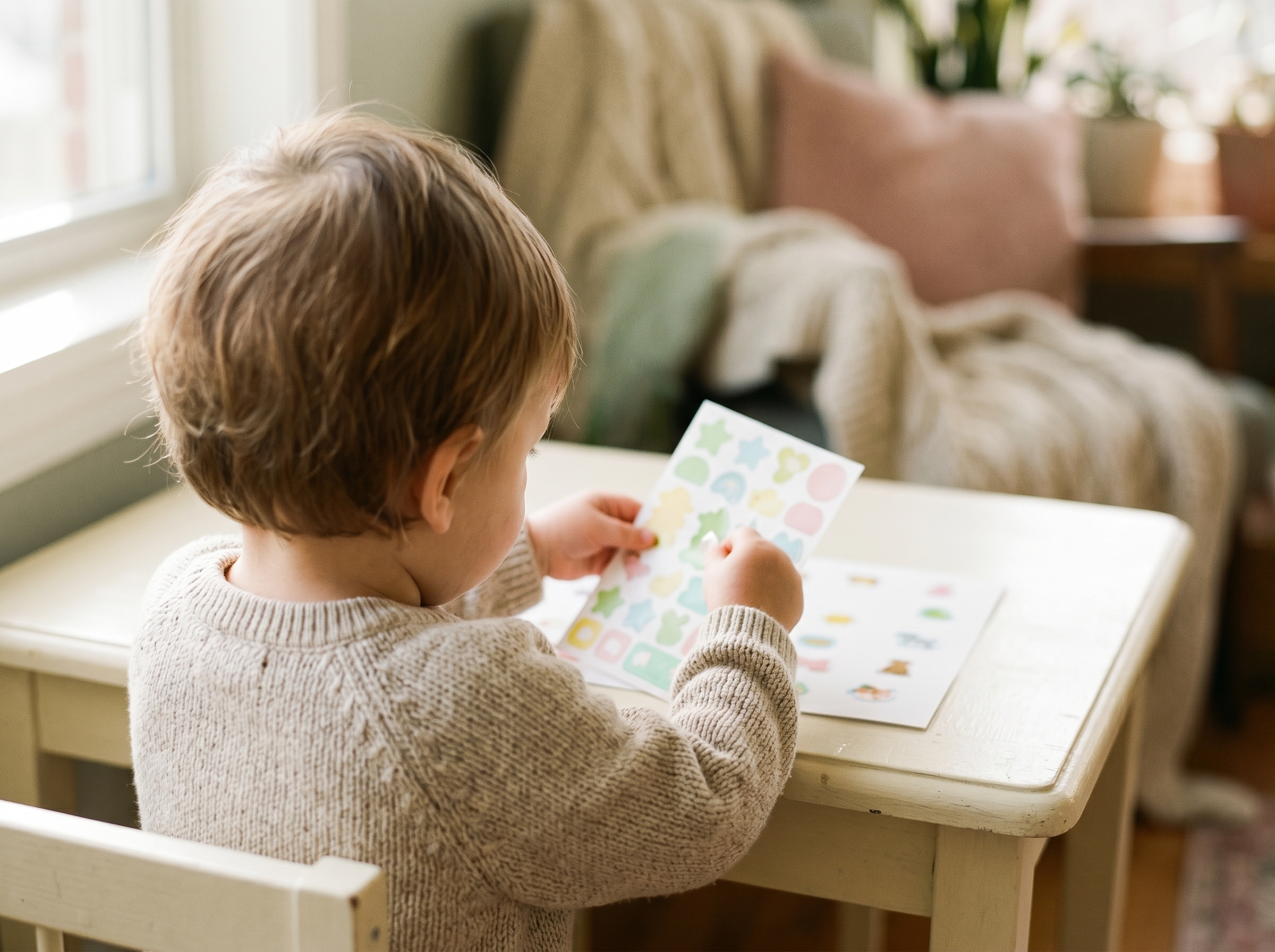 Small child's hands peeling and placing colorful stickers on white paper from behind