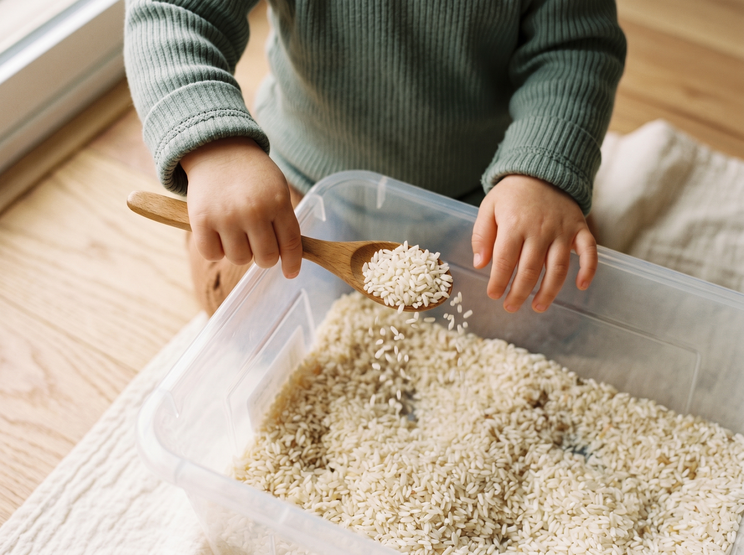 Child's hands scooping rice from a sensory bin with a wooden spoon, viewed from above