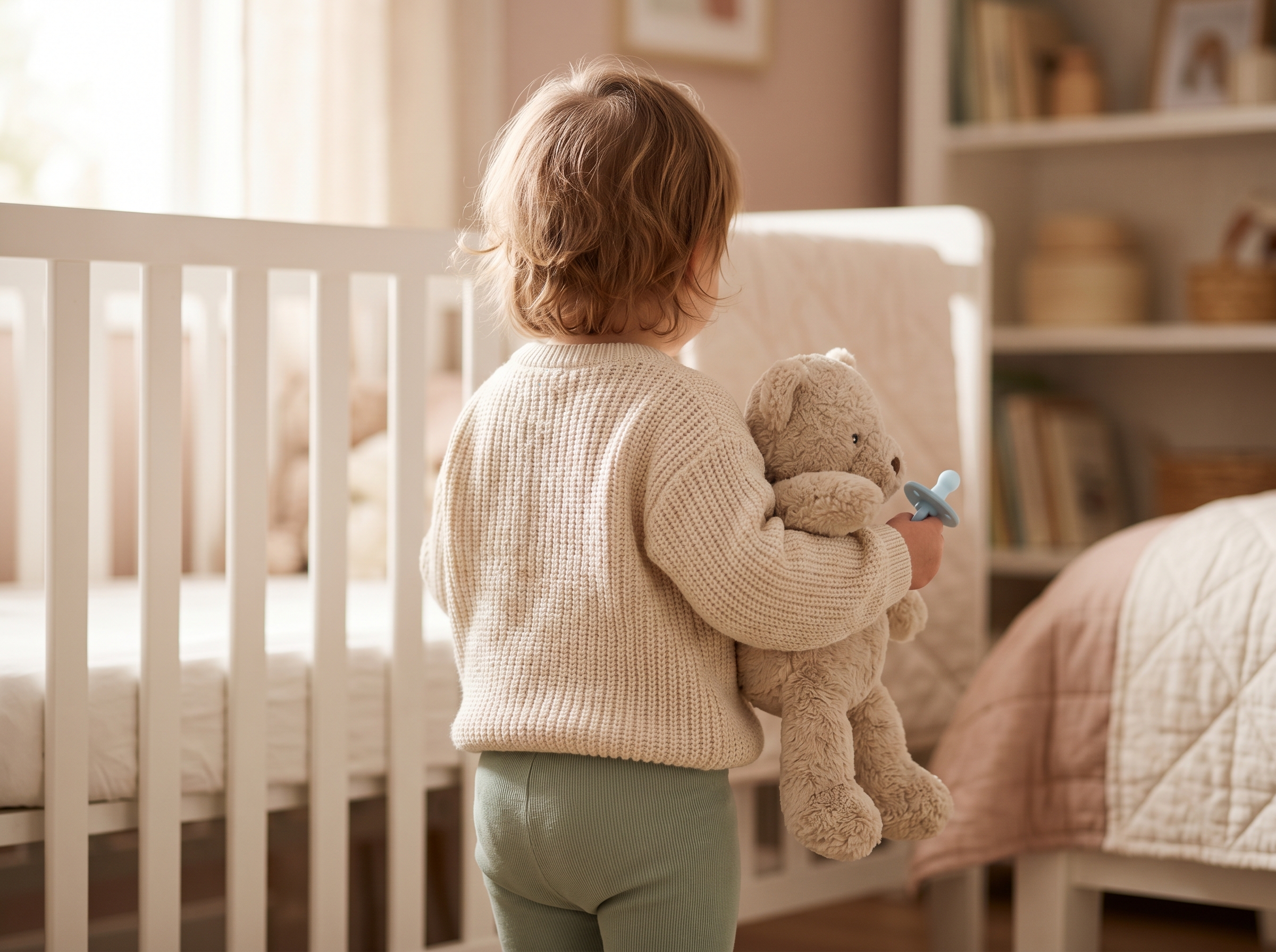 Young child from behind holding a pacifier and clutching a soft stuffed animal