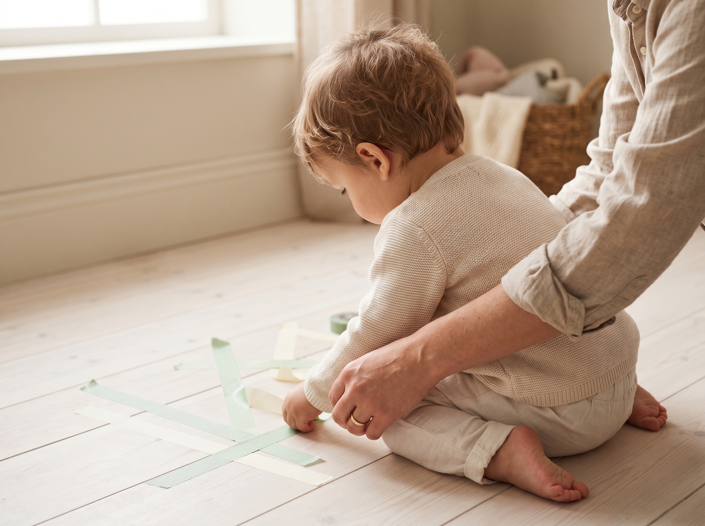 Child's hands and small body from behind placing painter's tape on a light wooden floor to create a simple game grid
