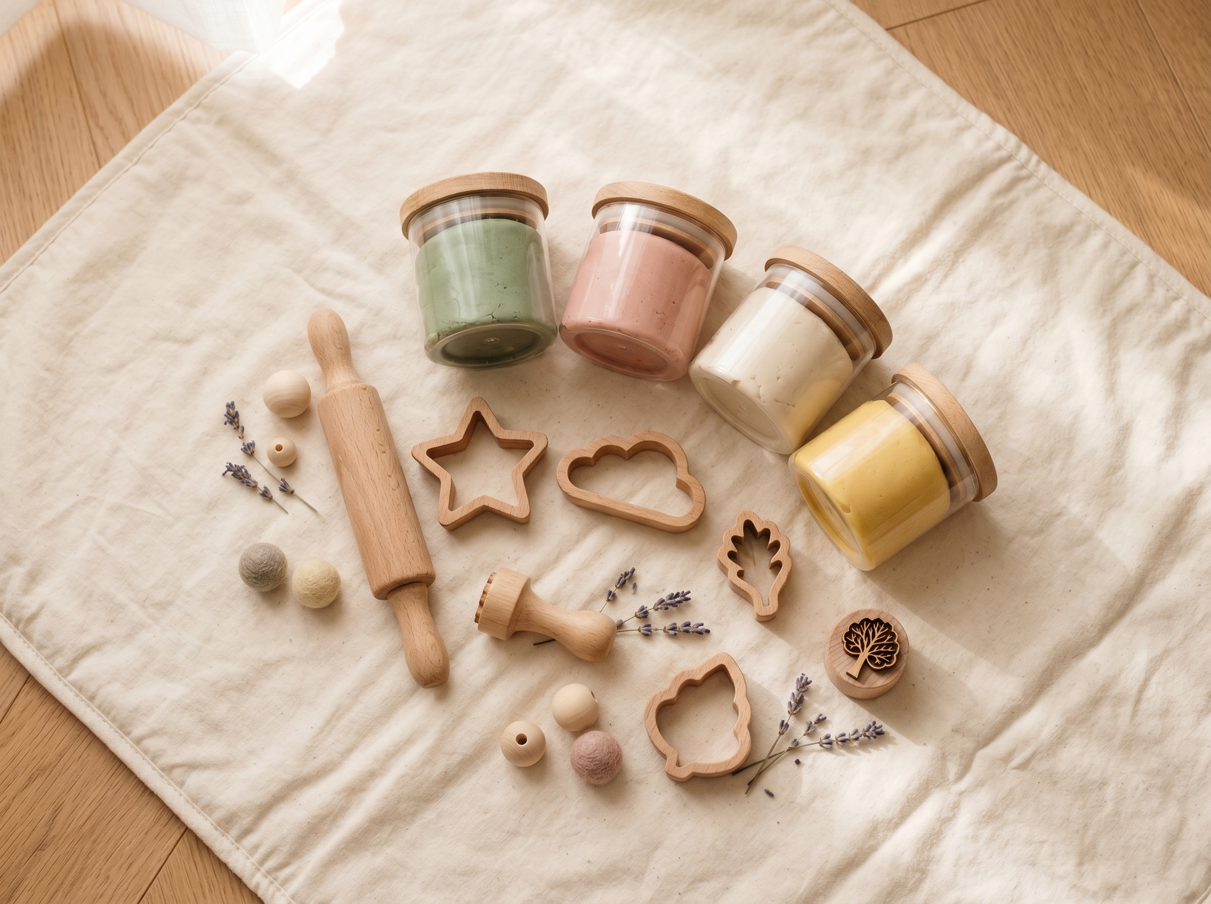 Colorful play dough containers and sensory tools arranged on a cream mat, ready for play