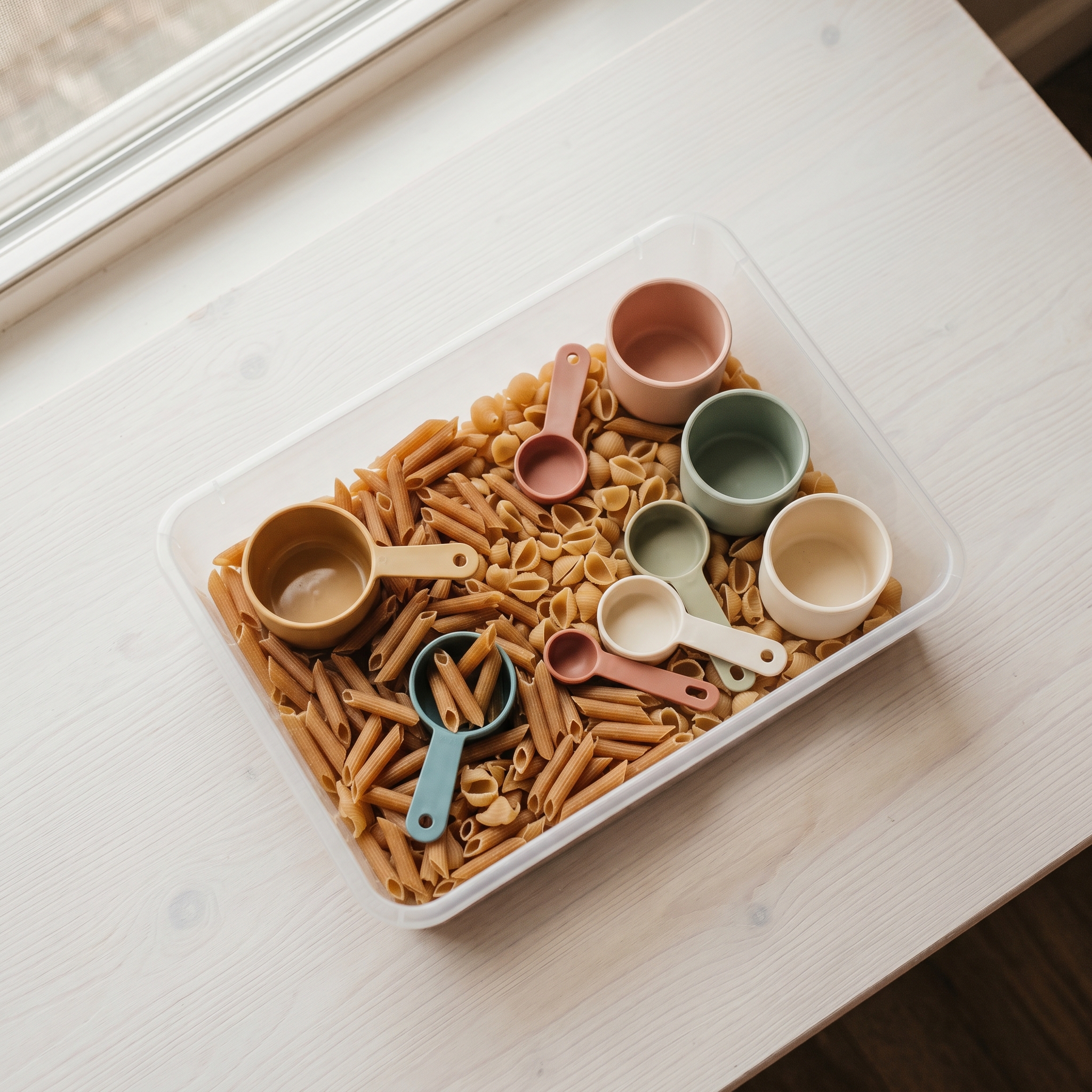 Overhead view of a clear plastic bin filled with dry pasta, small plastic scoops, and measuring cups ready for sensory play