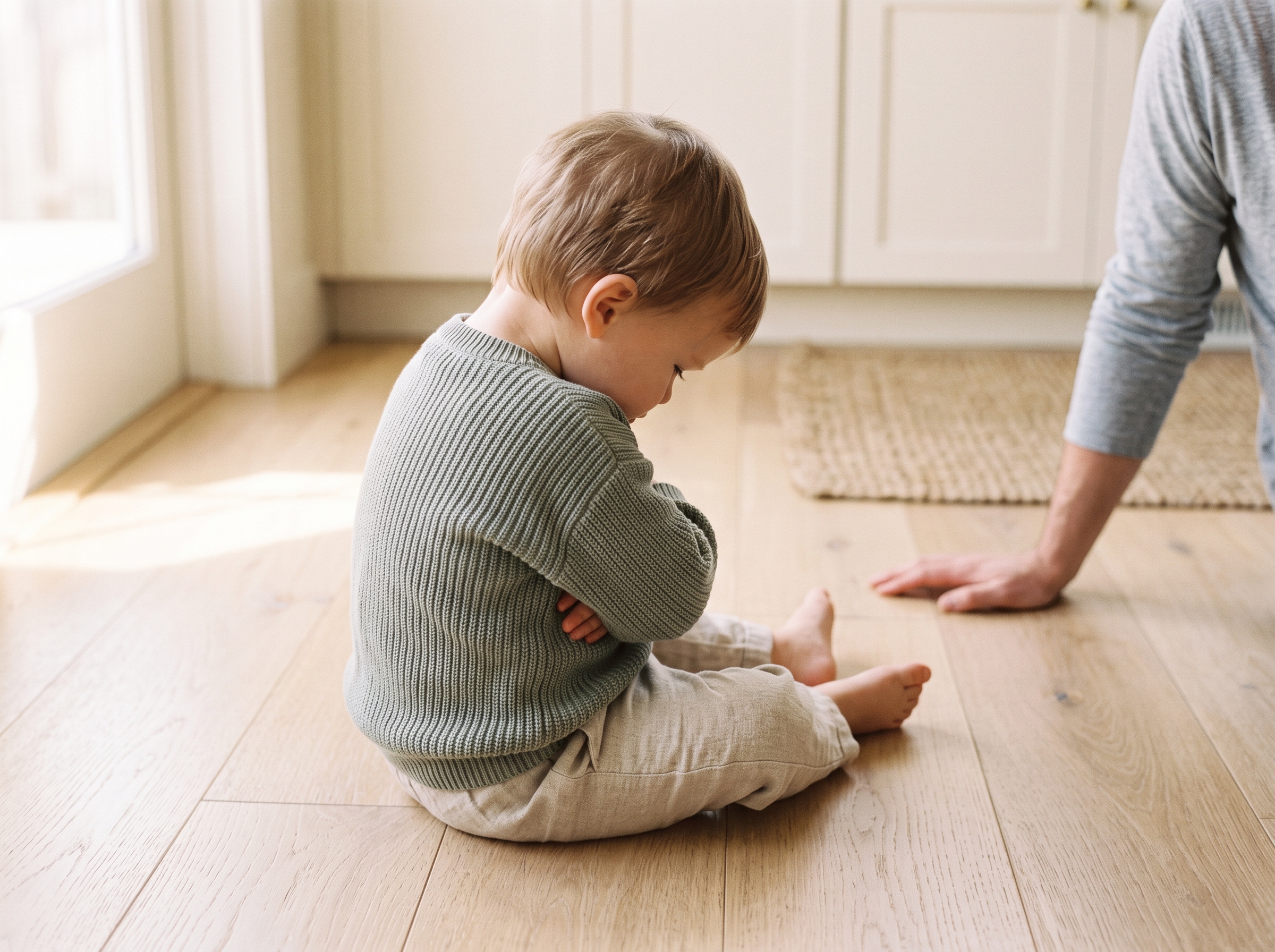 Frustrated toddler sitting on kitchen floor with arms crossed while calm parent crouches nearby