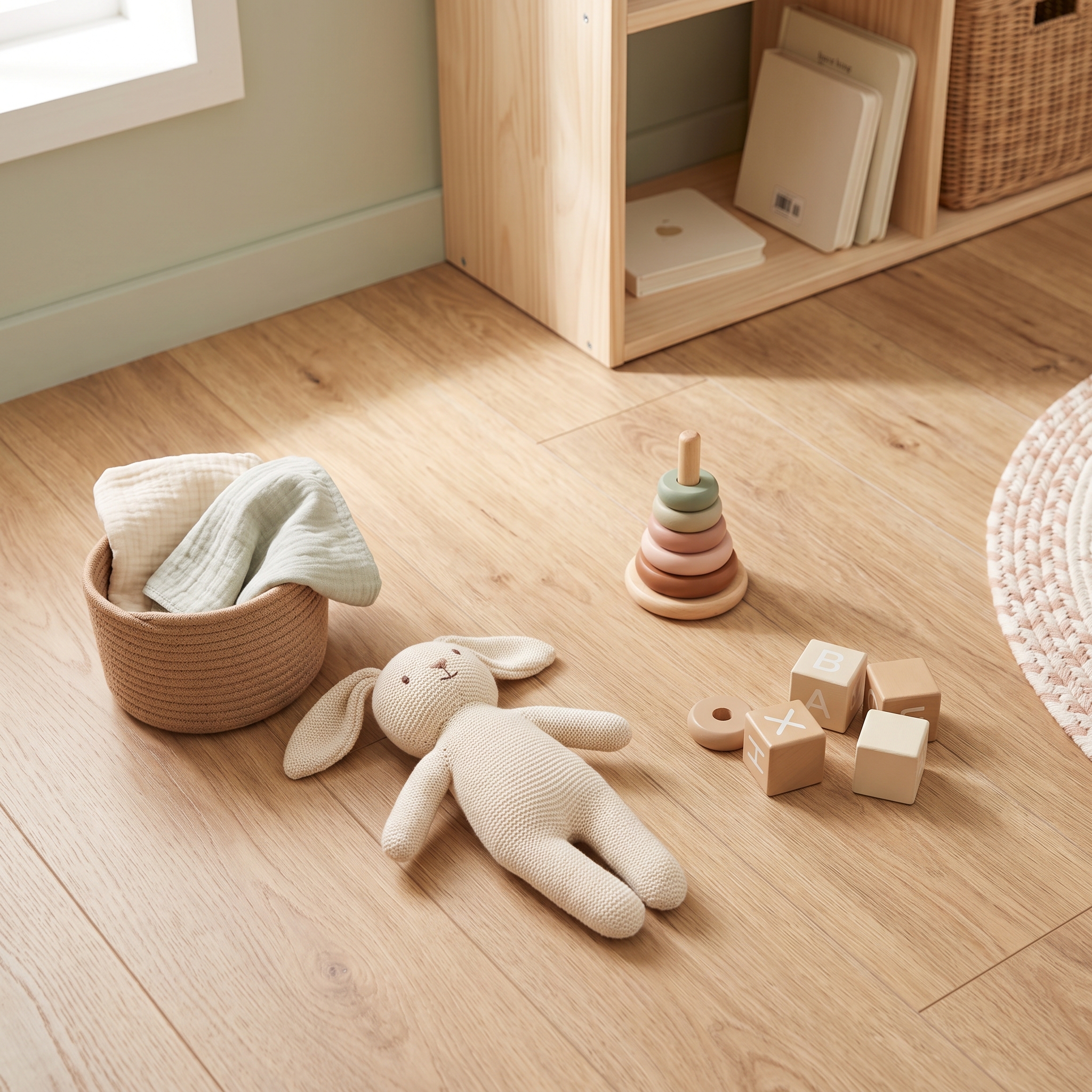 Soft toys and play items scattered on light wood playroom floor in natural daylight