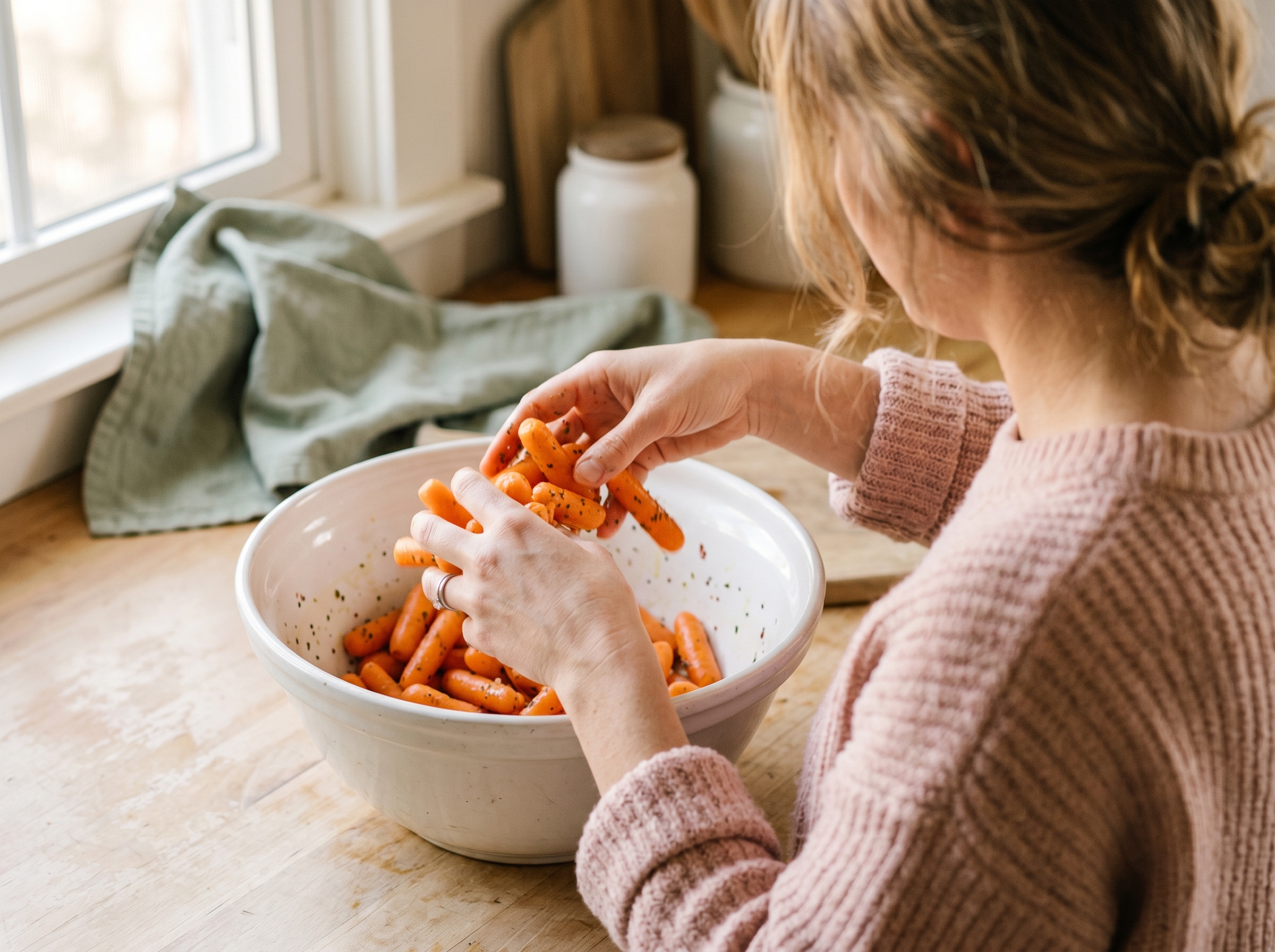 Hands tossing baby carrots with ranch seasoning and olive oil in a white bowl