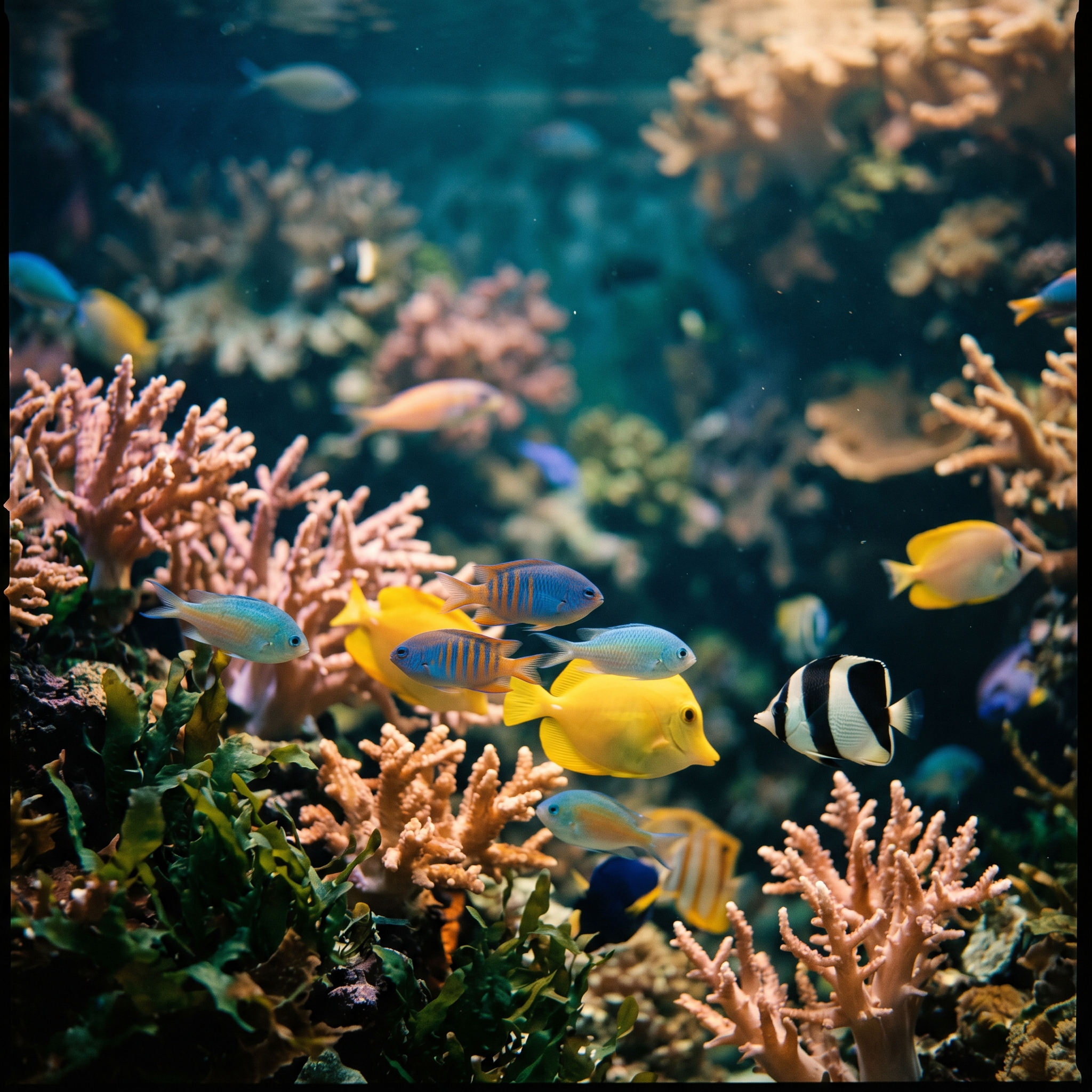 Vibrant tropical fish swimming among coral and sea plants in bright aquarium water
