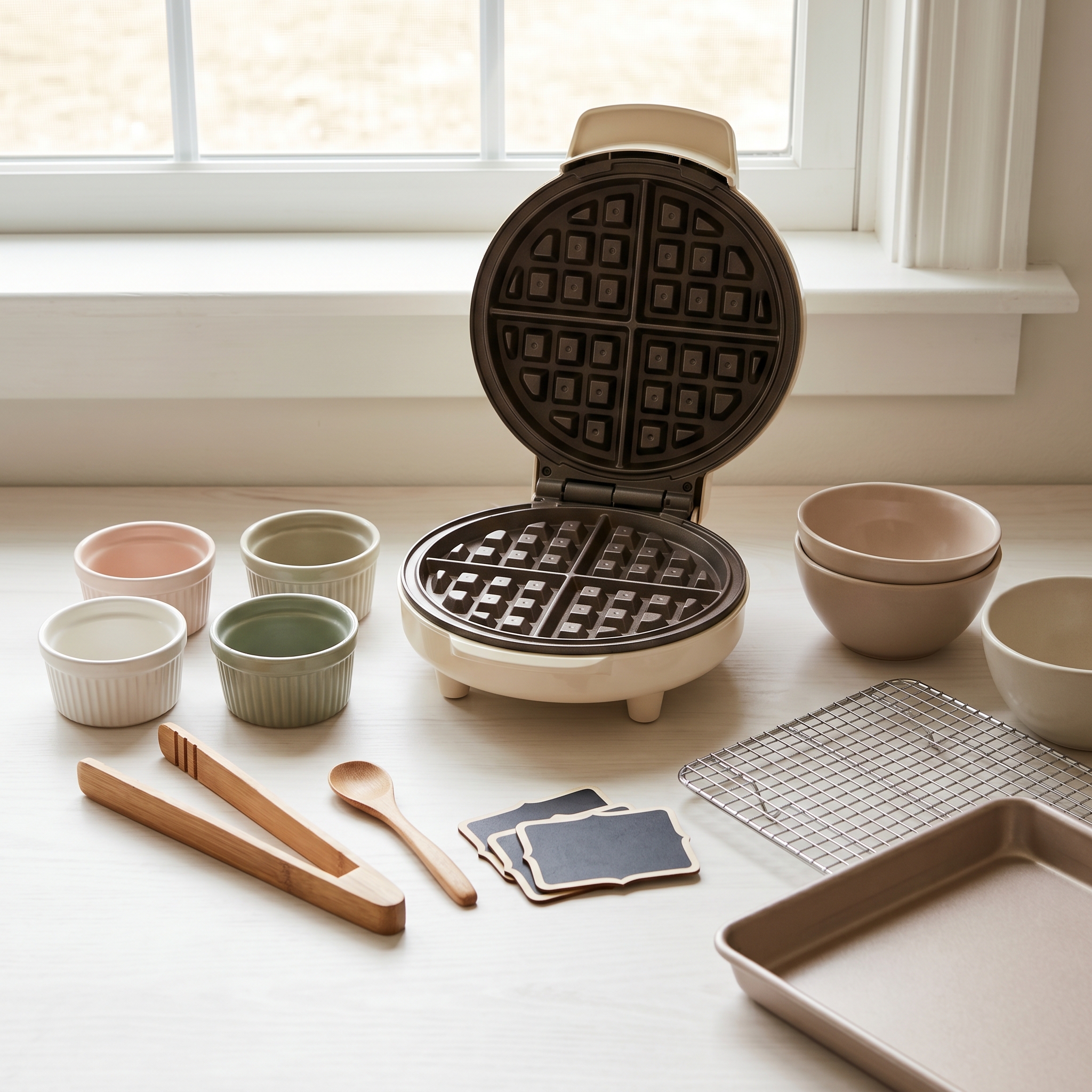 Flat lay of waffle iron, ramekins, tongs, small bowls, and chalkboard labels arranged on a light kitchen counter