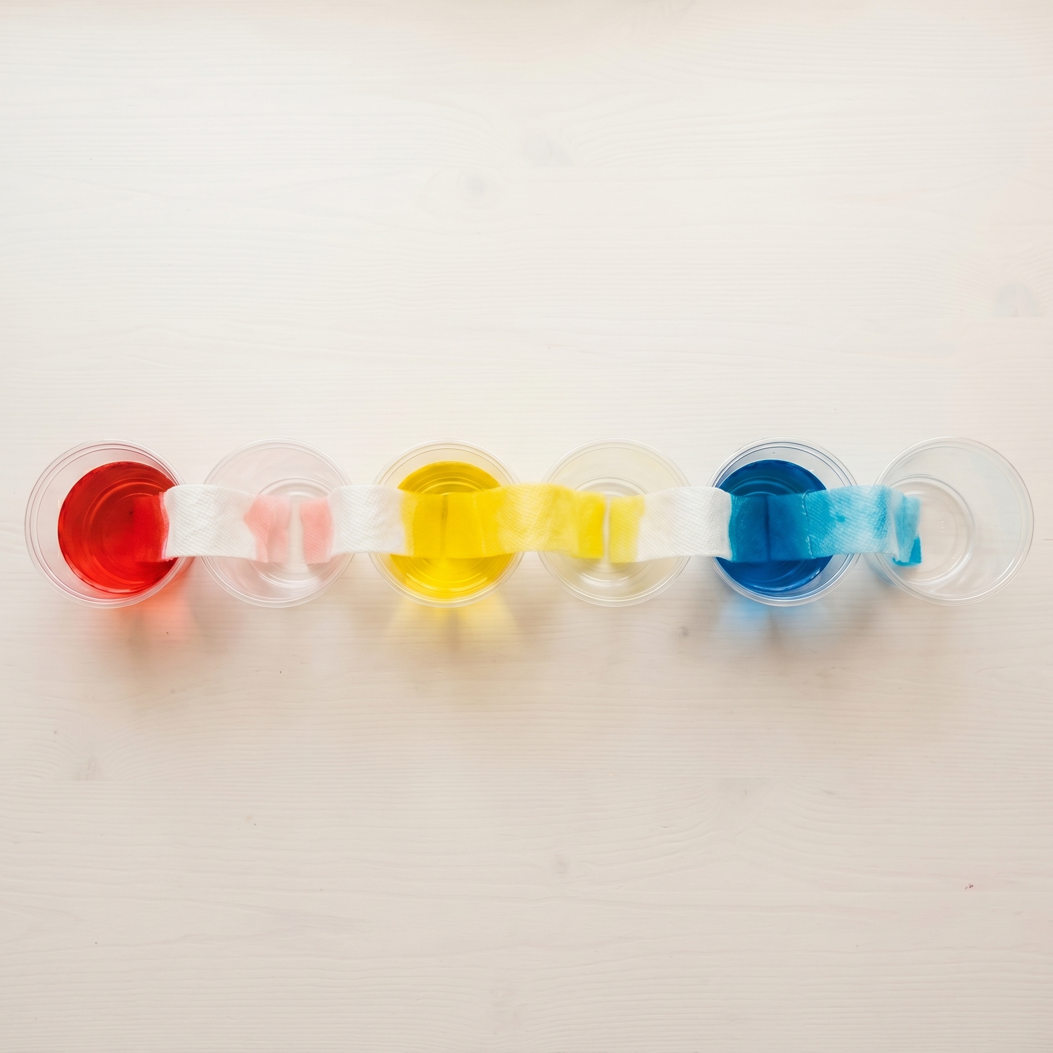 Six clear cups in a row with red, yellow, and blue colored water connected by white paper towel strips