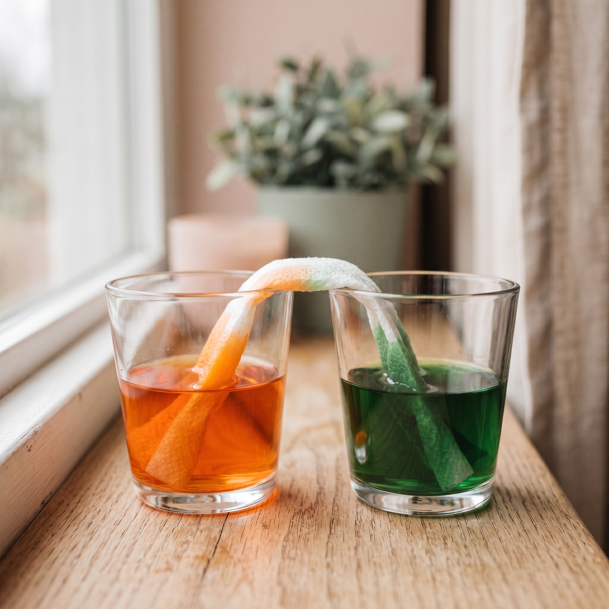 Clear cup of water showing orange and green secondary colors created by walking water experiment