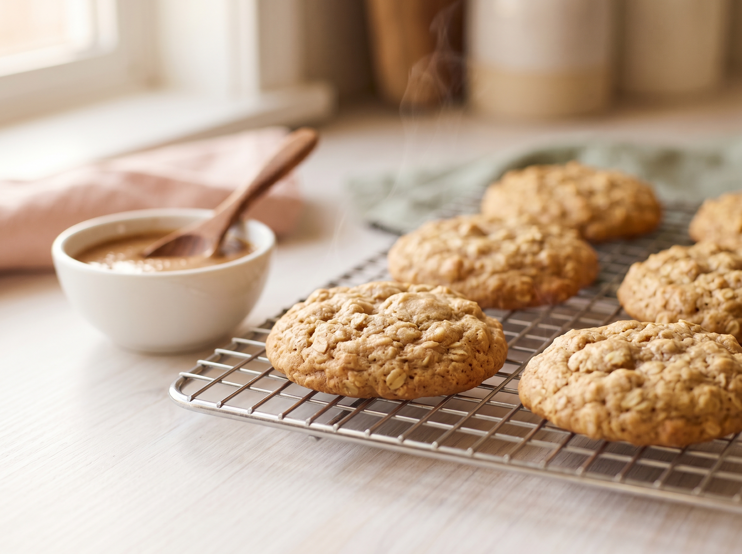 Warm golden banana oat cookies cooling on a wire rack with a small bowl of almond butter nearby