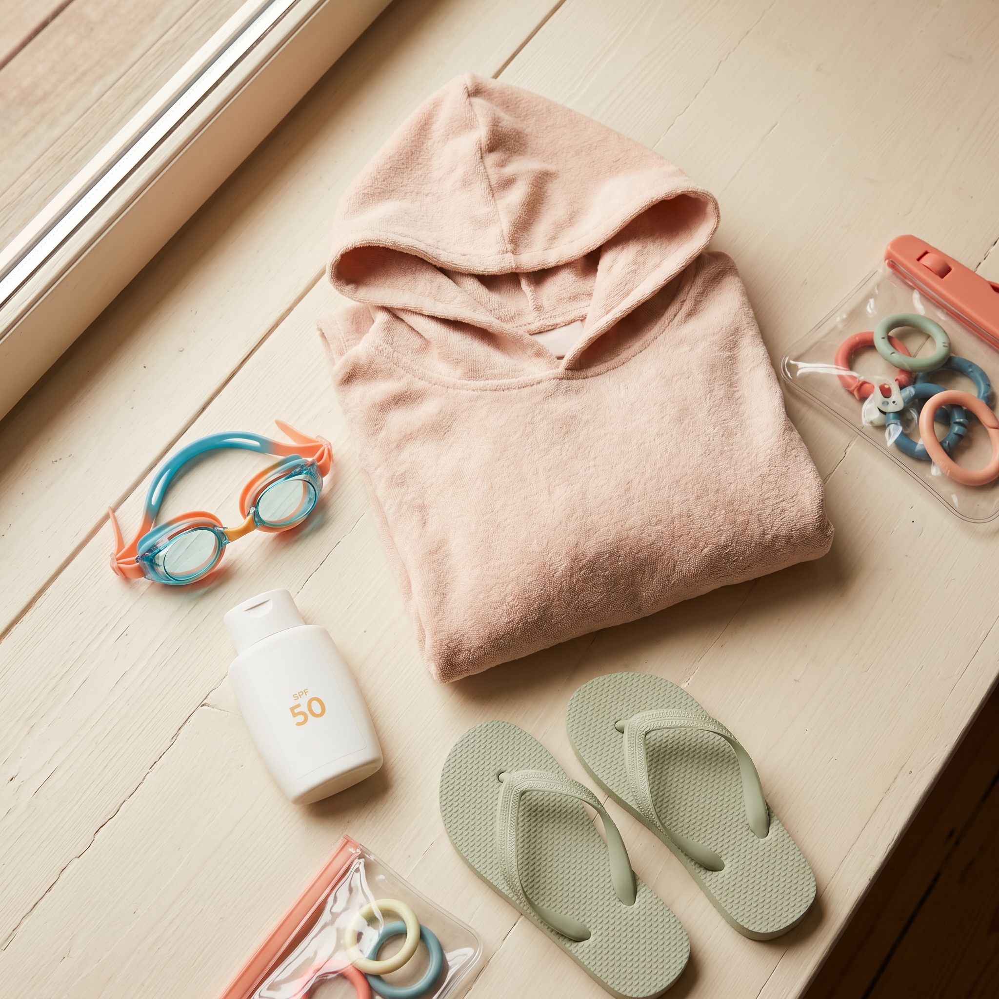 Flatlay of essentials: colorful towel, sunscreen bottle, swim goggles, and flip-flops on cream wood