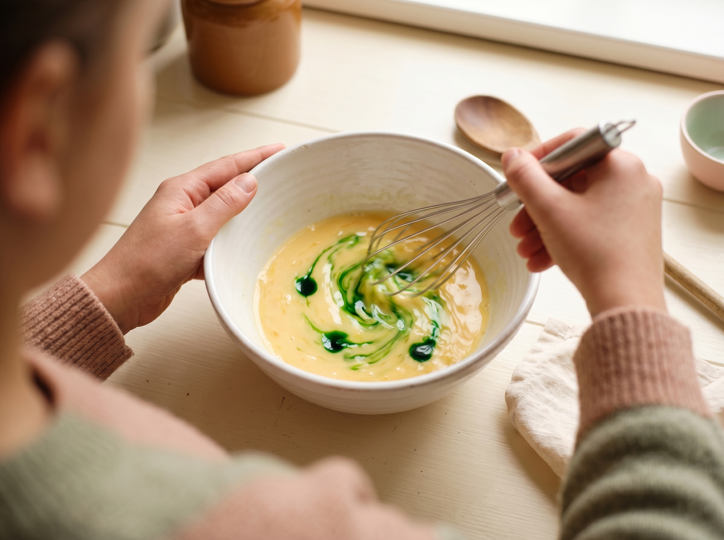 Hands whisking green gel food coloring into beaten eggs in a white ceramic bowl