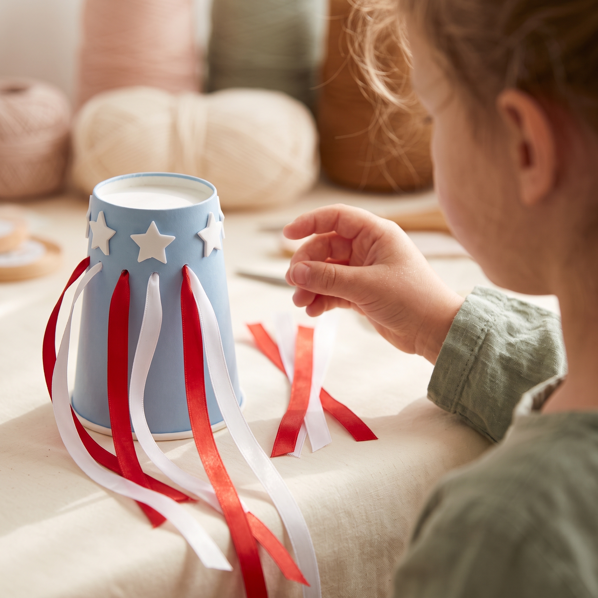 A blue plastic cup decorated with white foam star stickers and red and white ribbons threaded halfway through the holes
