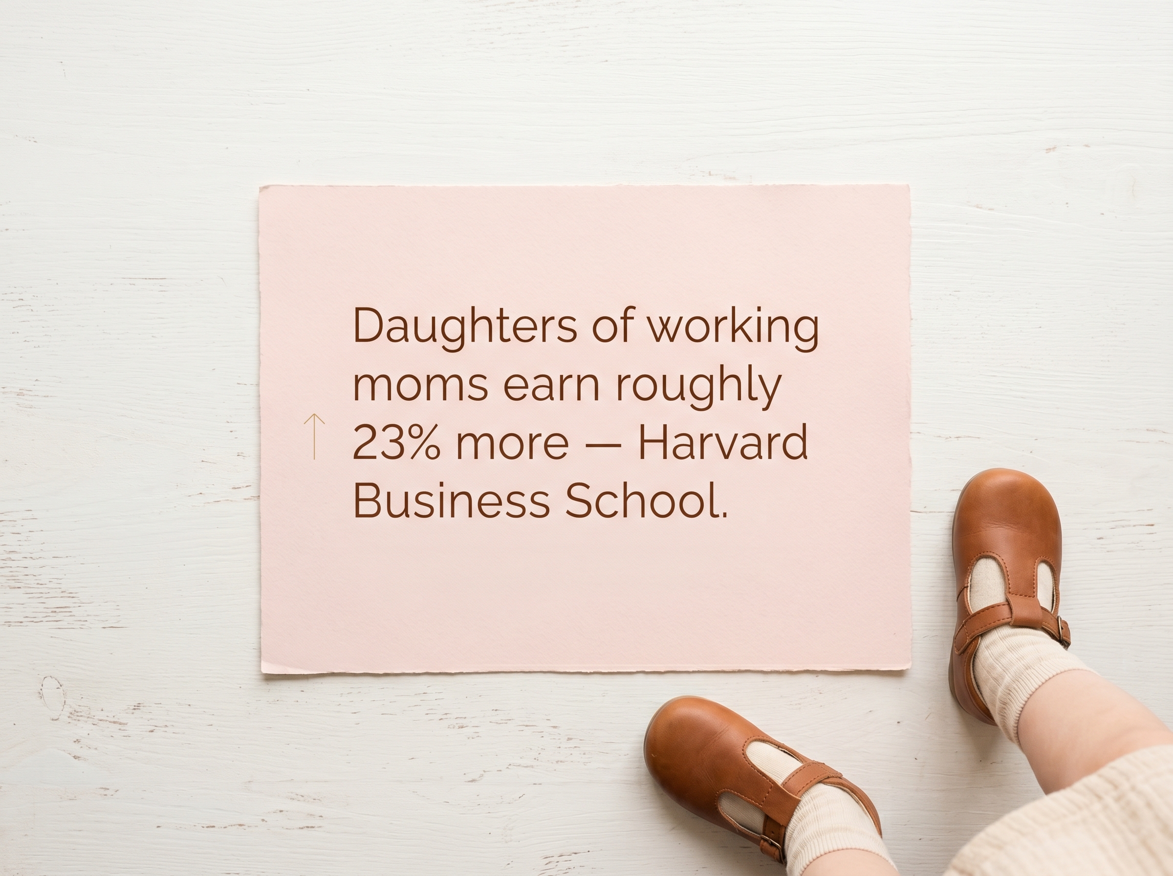 Soft pastel graphic with Harvard statistic about daughters of working moms earning 23 percent more