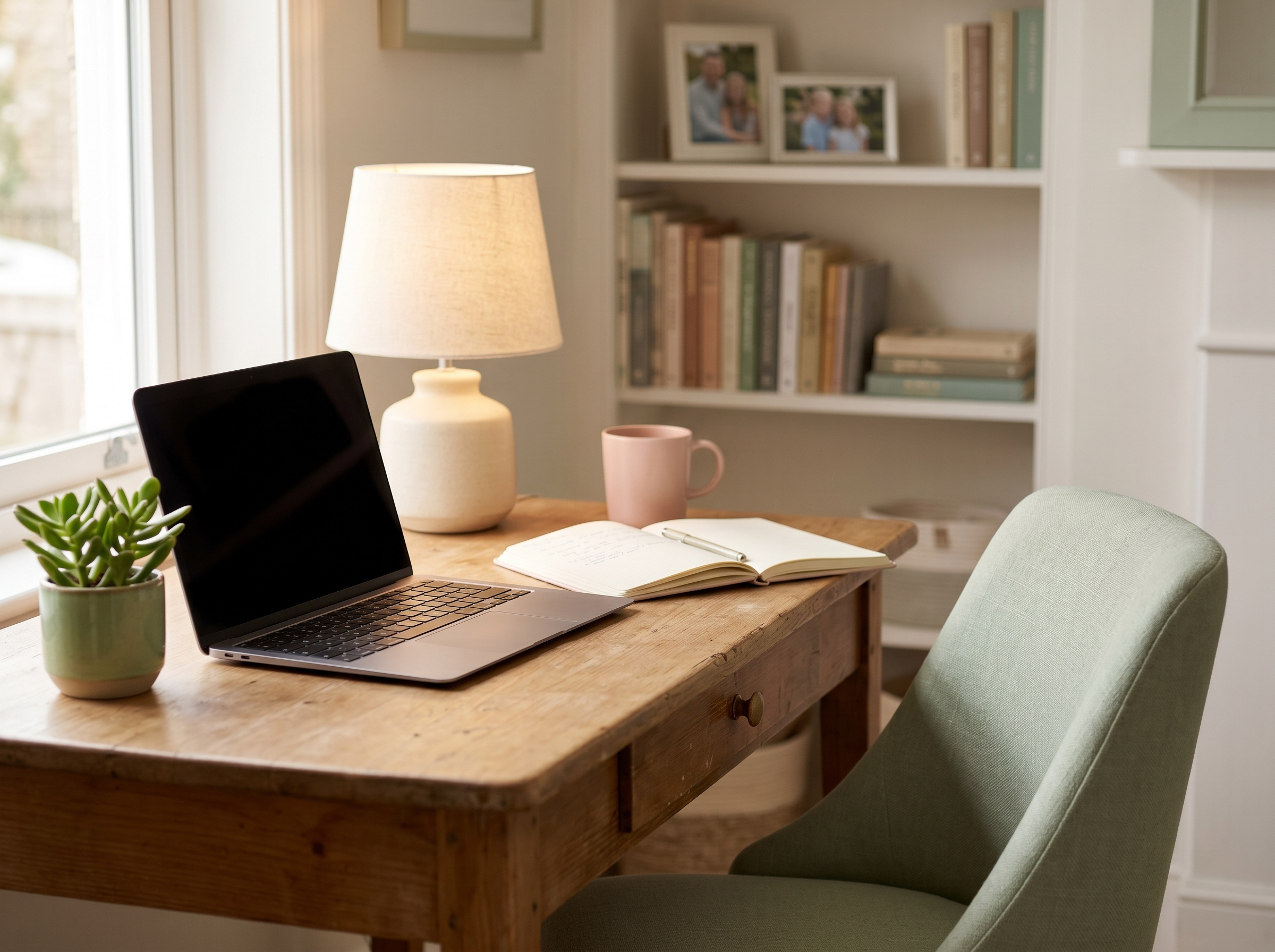 Organized home office desk with laptop, notebook, and warm desk lamp in soft natural light