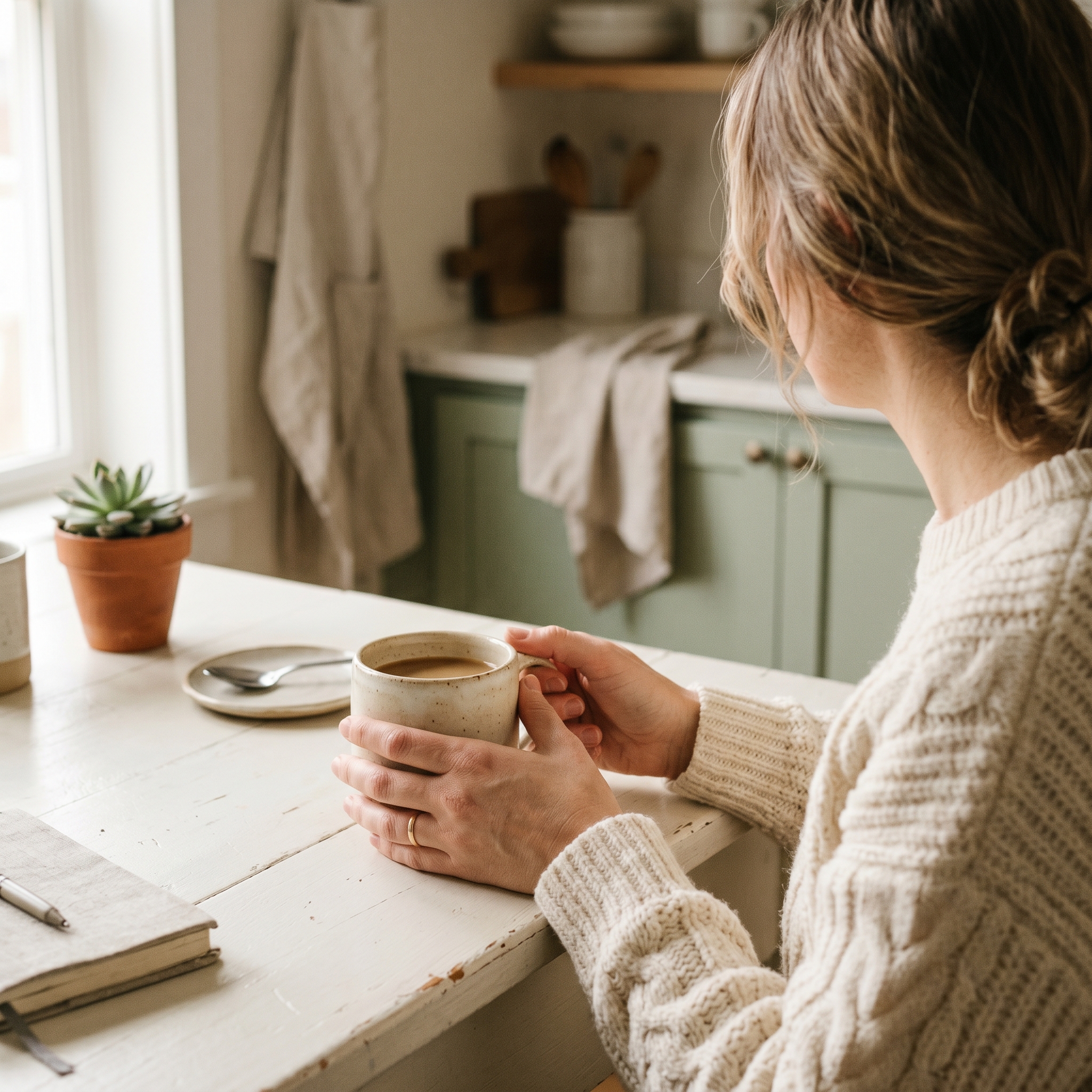 Hands holding warm mug of coffee on kitchen counter with soft morning light and blurred home background