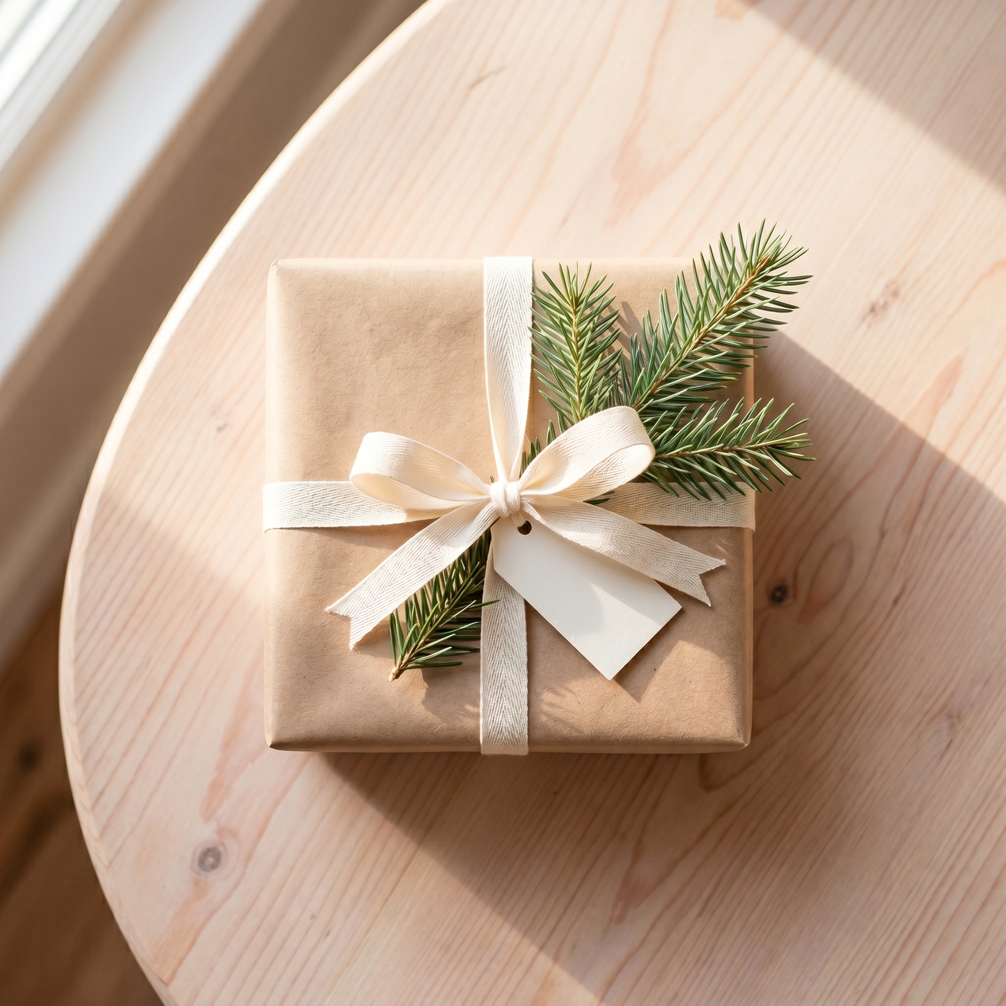 Single wrapped gift in kraft paper with handwritten tag, pine sprigs, and twine on white wood