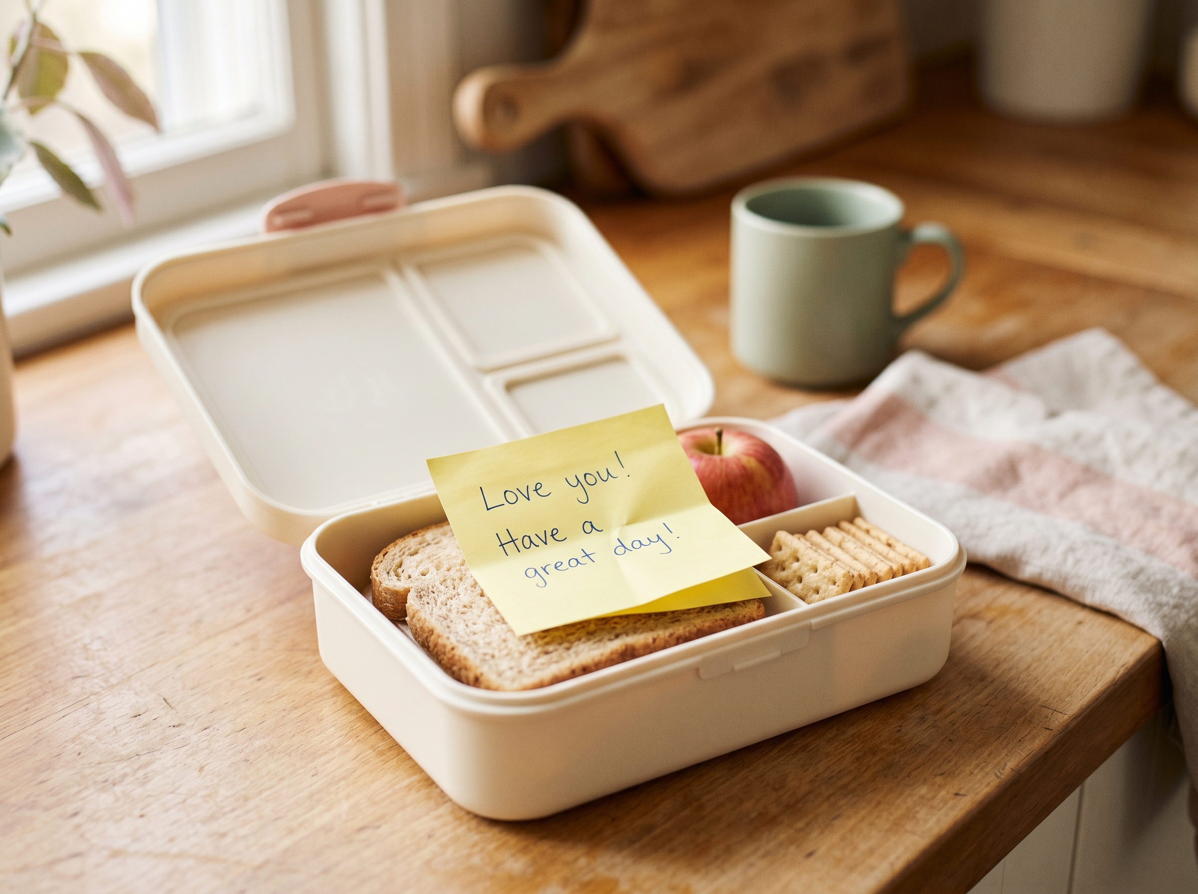 A yellow sticky note tucked into a packed lunchbox with fruit and sandwich visible, morning sunlight streaming across