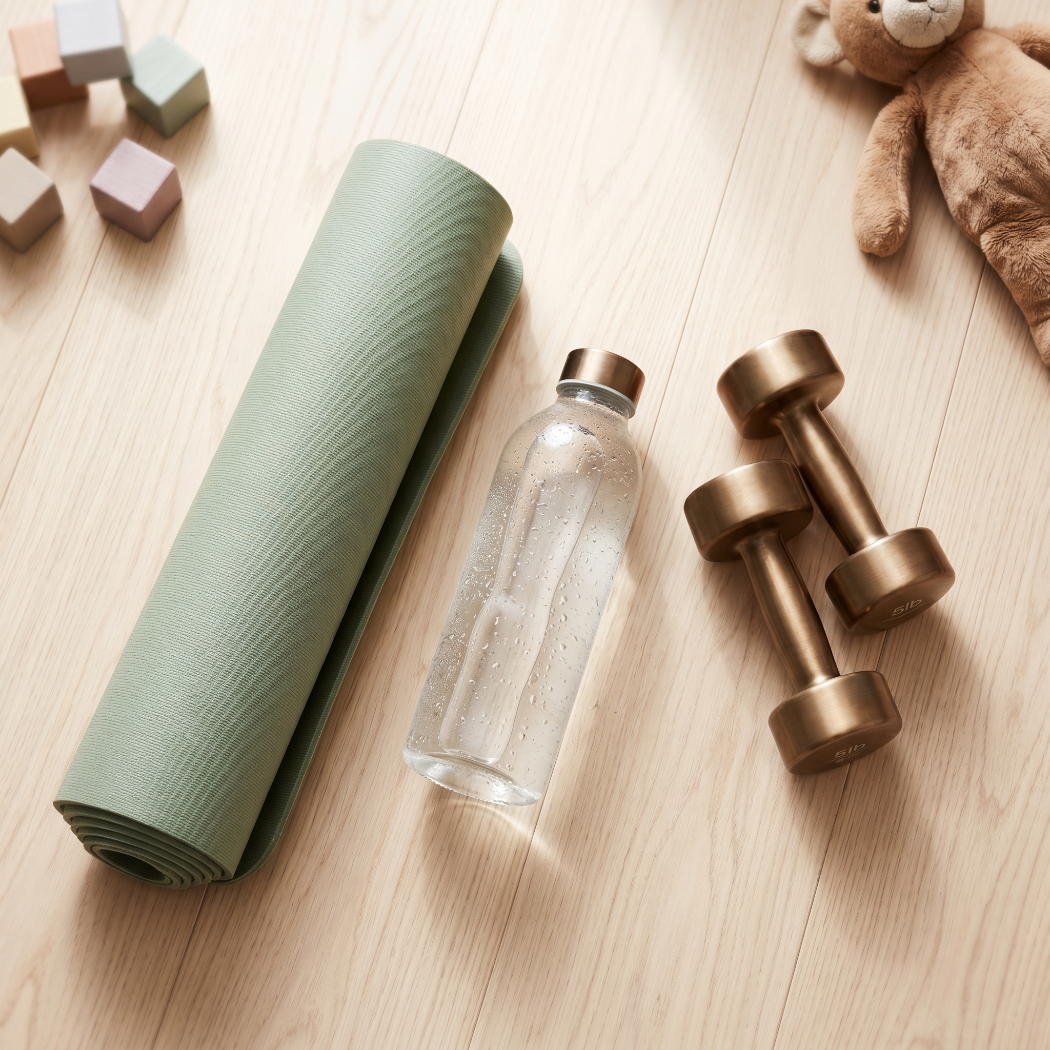 Yoga mat, water bottle, and light dumbbells arranged on a light wood living room floor with toys in soft focus