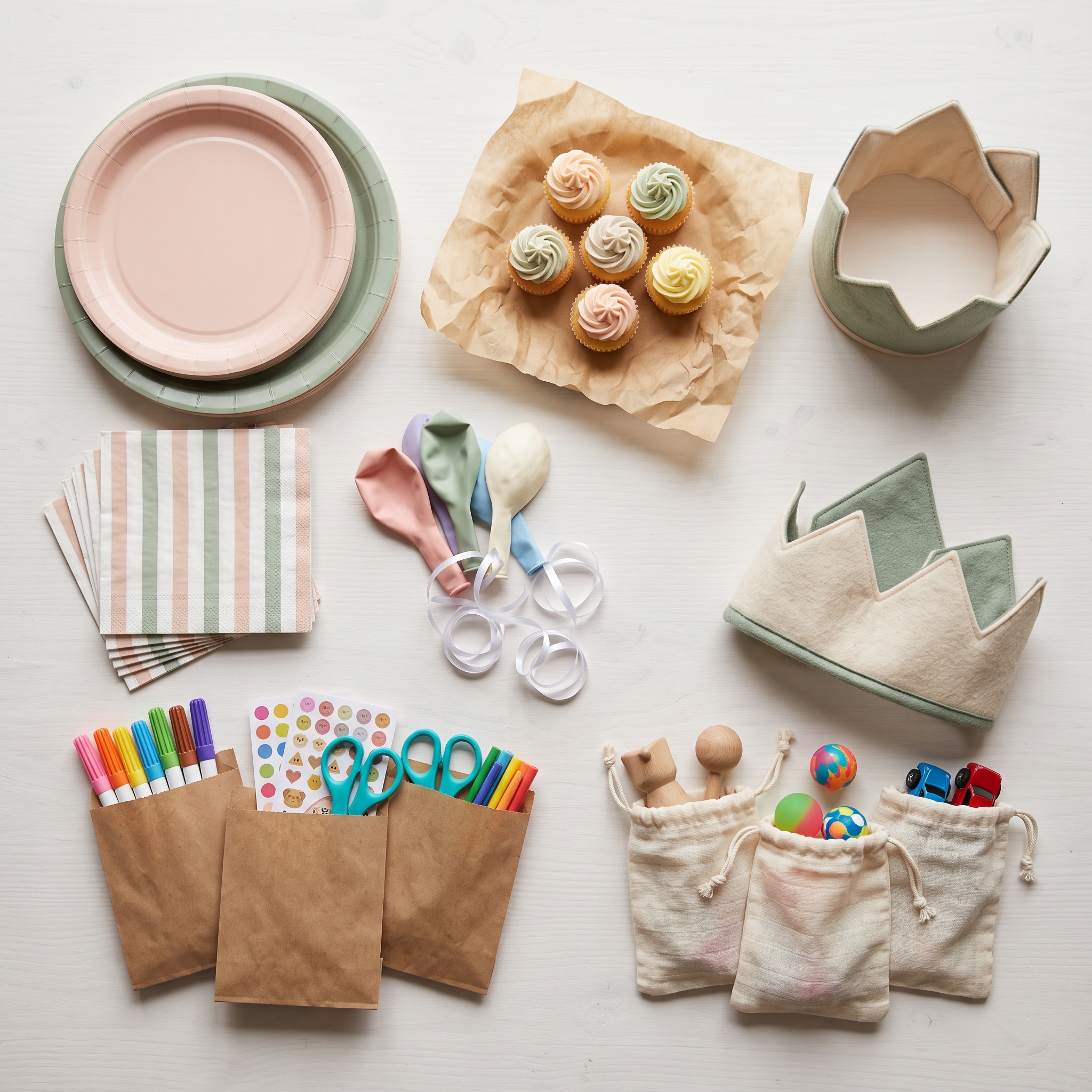 Party supplies laid out flat including plates, napkins, cupcakes, balloons, craft materials, and favor bags