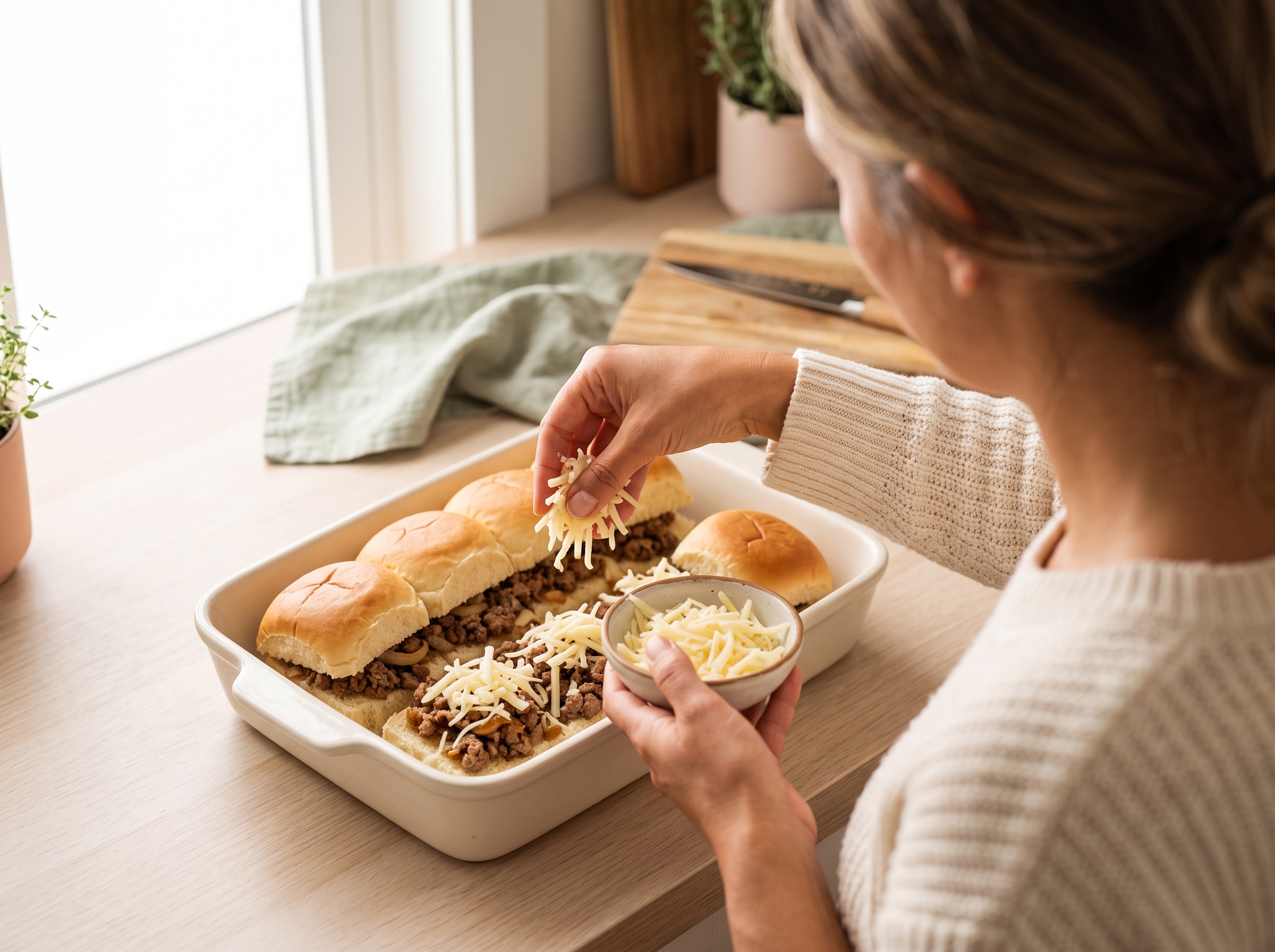 Hands layering shredded Gruyère cheese onto beef and onion filling in Hawaiian roll halves in baking dish