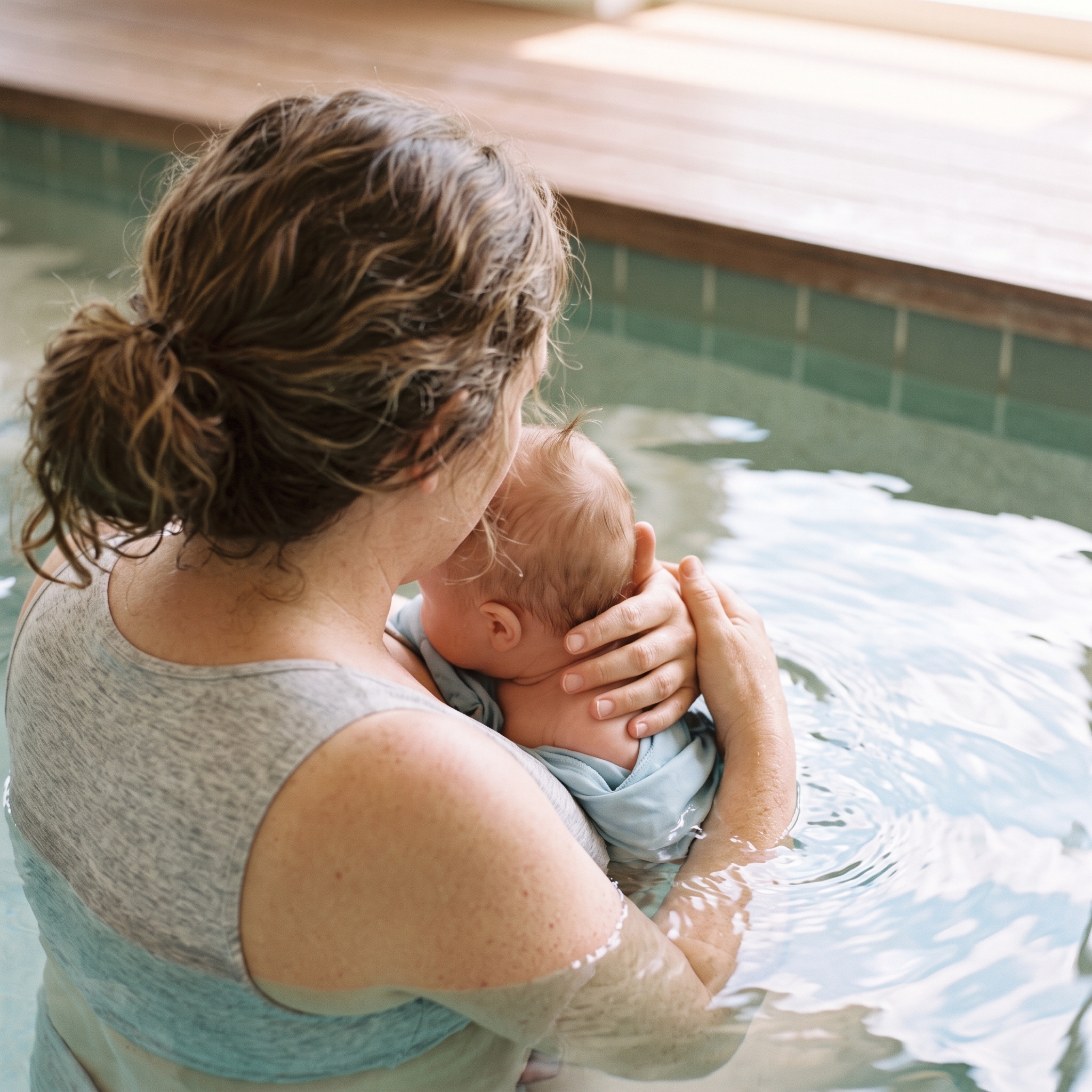 Parent holding infant in warm pool water during a gentle water acclimation class