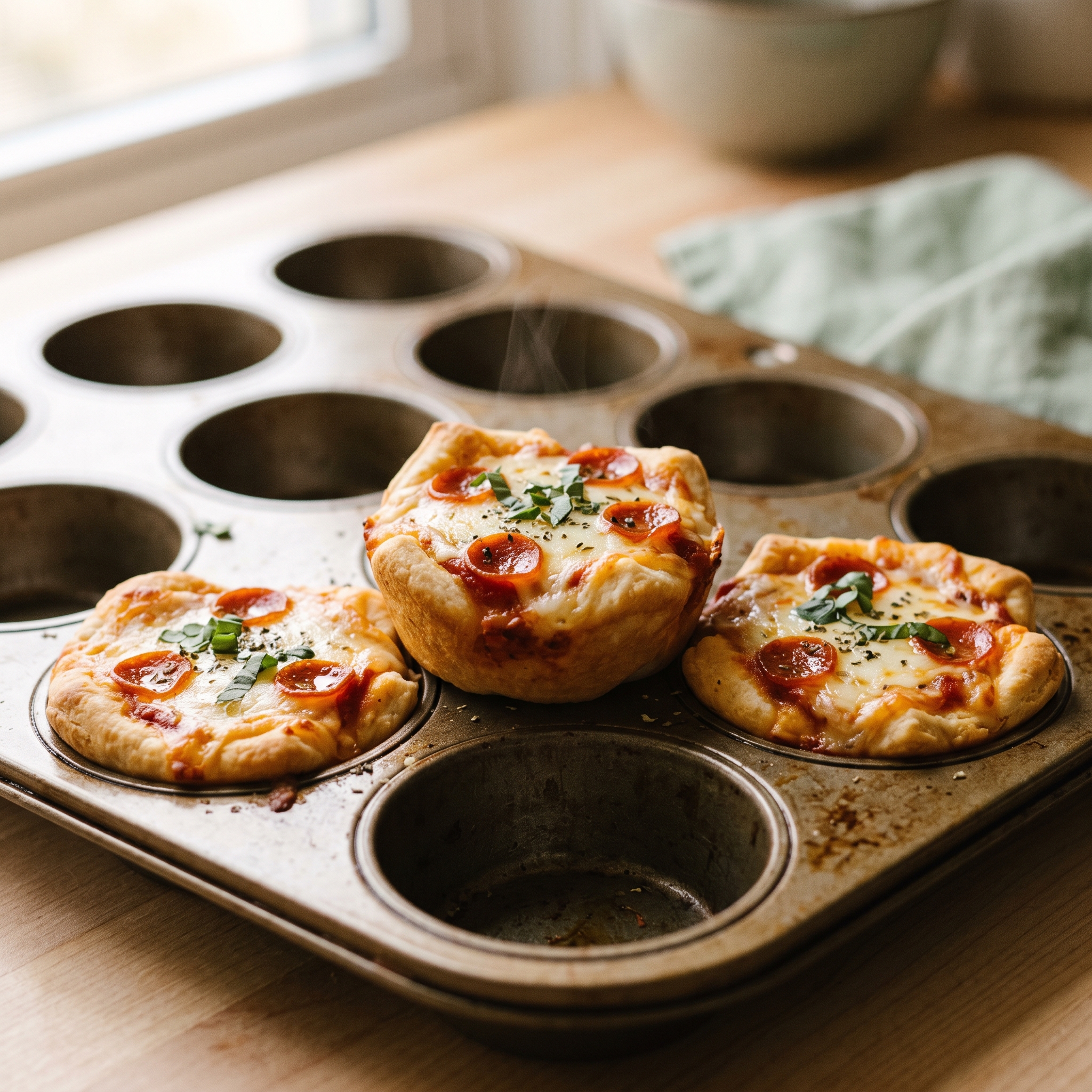 Close-up of three freshly baked mini pizza cups with melted cheese and toppings in a muffin tin