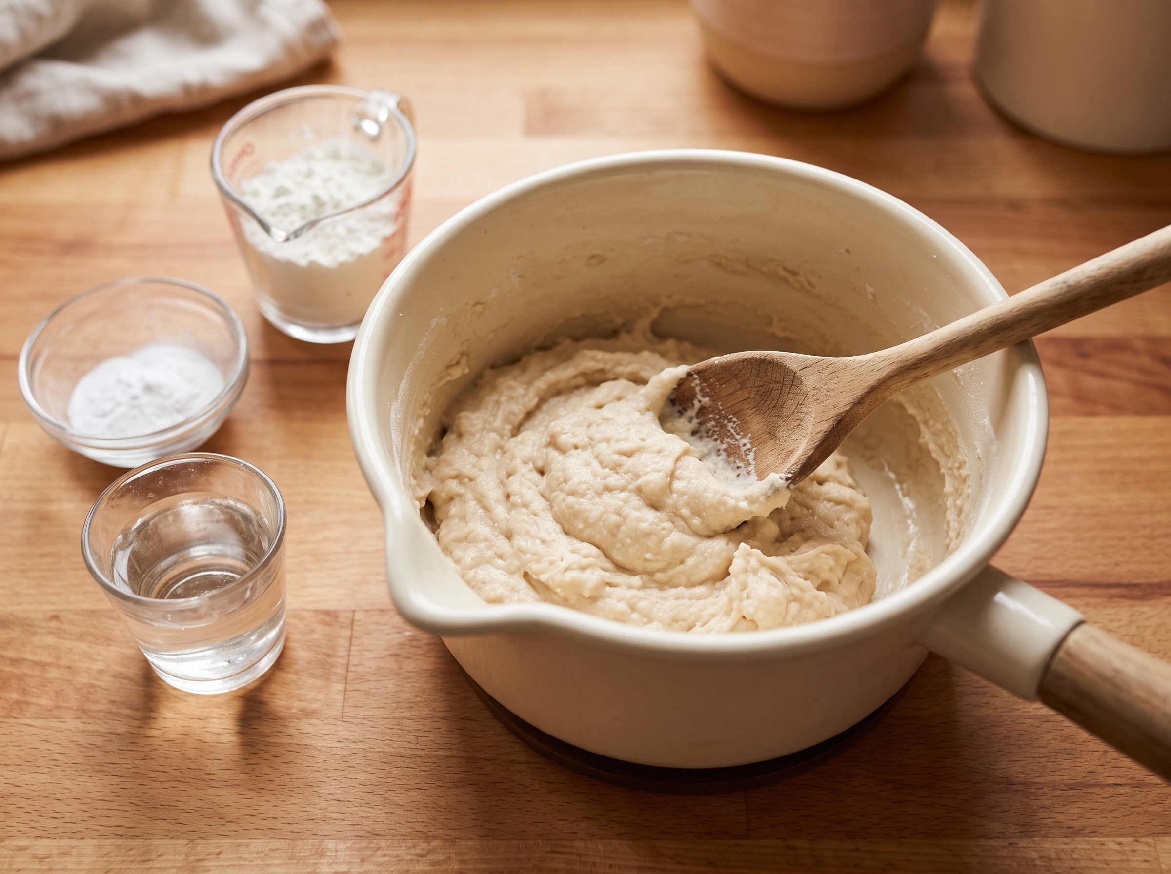 Homemade baking soda clay cooking in cream-colored saucepan on stovetop, with wooden spoon stirring pale dough-like mixture