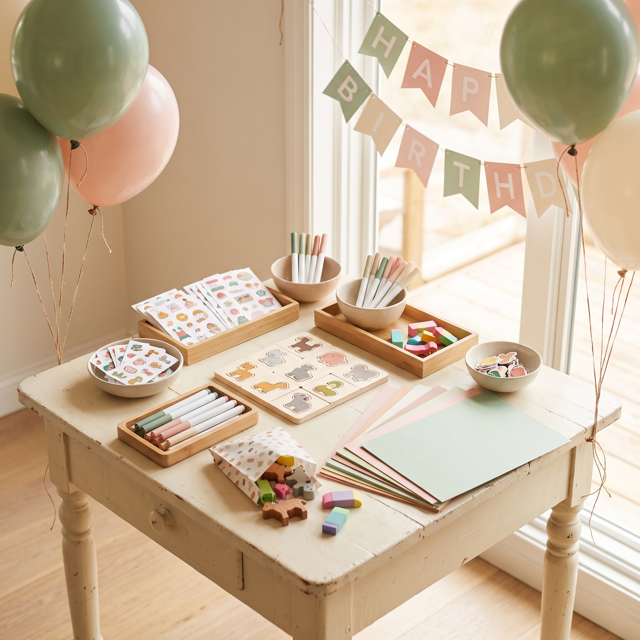 Colorful birthday party activity station with craft supplies, games, and decorations arranged on a table