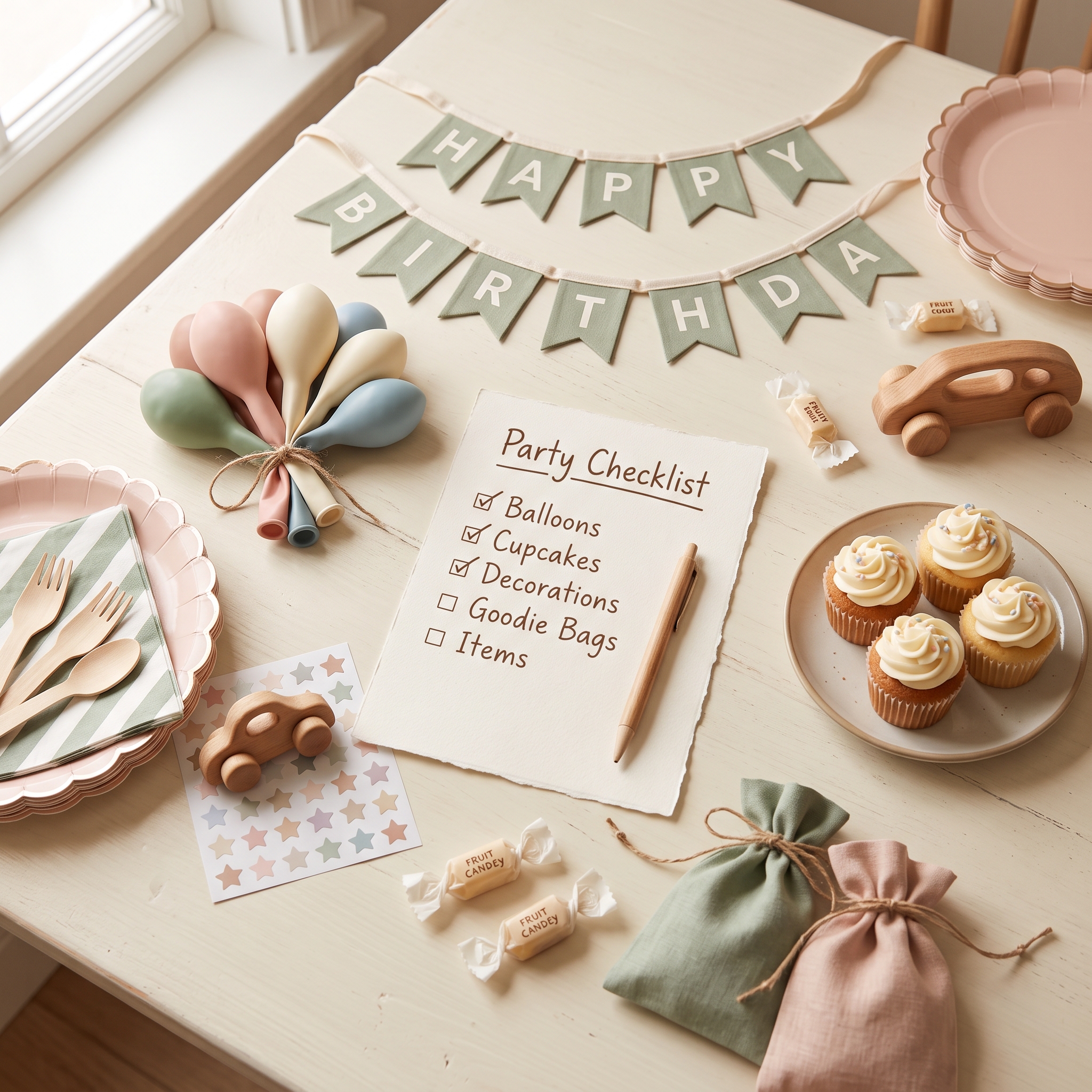 Party planning checklist with balloons, themed plates, napkins, cupcakes, and goodie bag items arranged on a cream surface