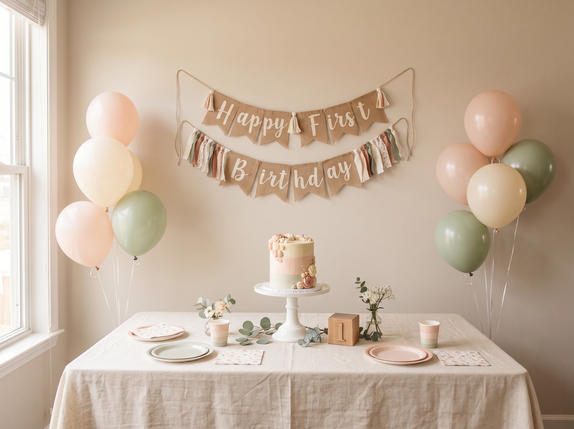 Decorated dessert table with personalized banner, tiered cakes, balloons, and coordinated tableware in soft pastel colors