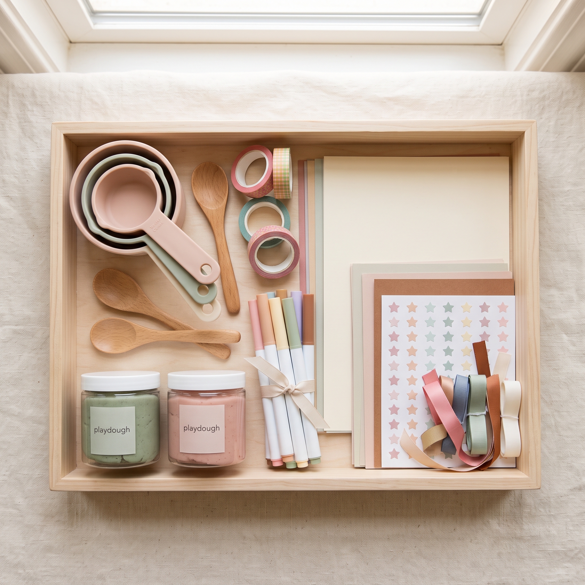 Overhead view of a Busy Kit bin containing measuring cups, wooden spoons, construction paper, markers, stickers