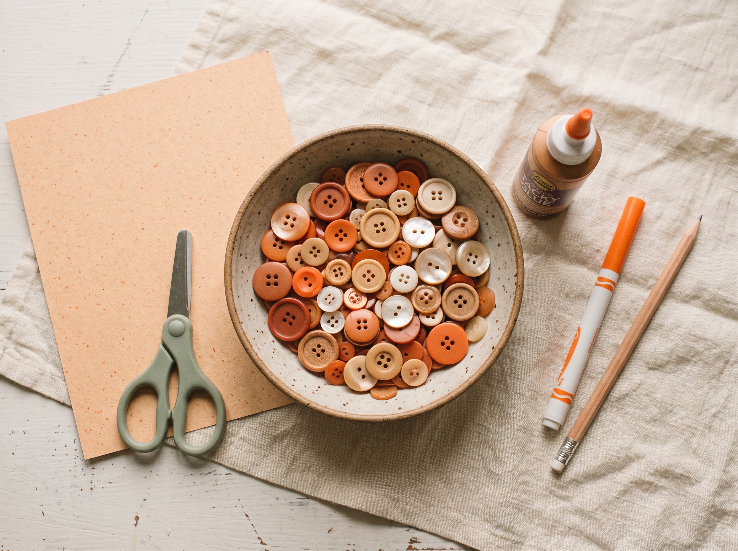 Craft materials for button pumpkin project: cardstock, scissors, glue, markers, and bowl of assorted buttons