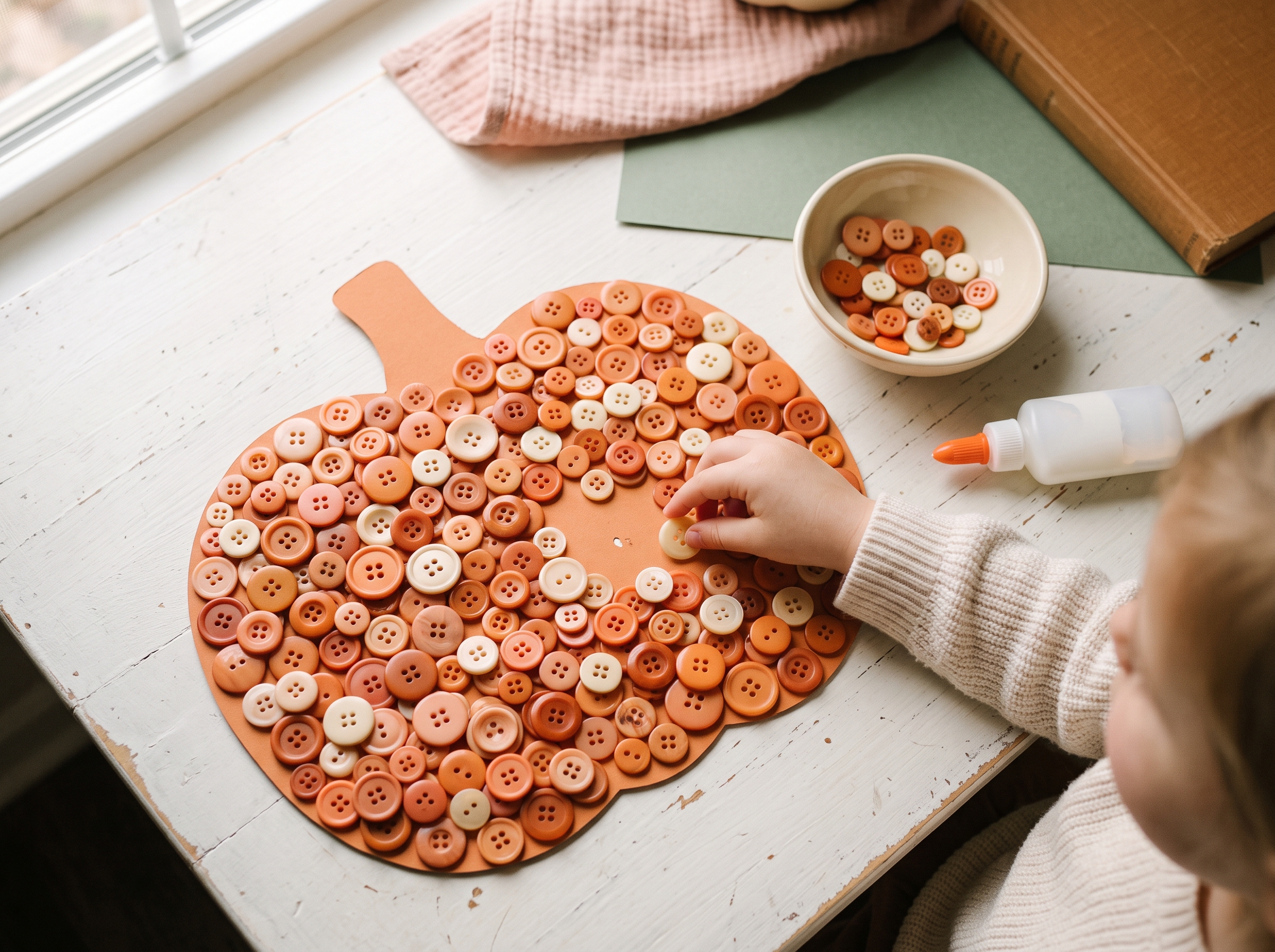 Nearly finished button pumpkin with dense orange button coverage and a few empty spaces being filled