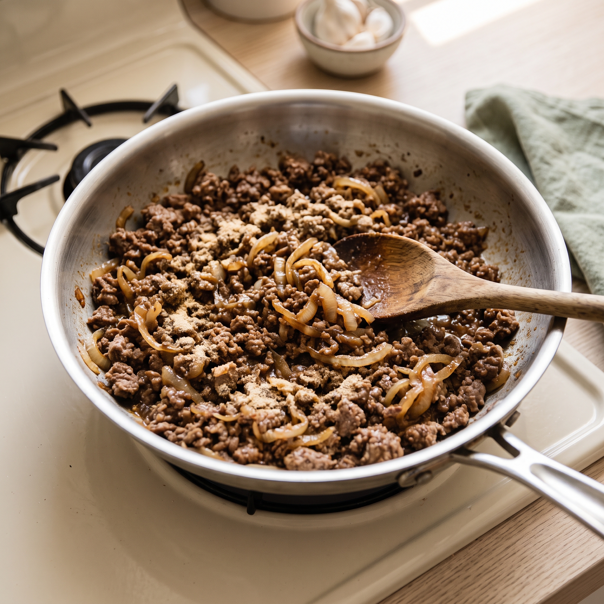 Caramelized onions and ground beef cooking together in a stainless steel skillet on stovetop